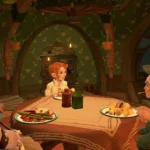 Ba nhân vật game Tales Of The Shire đang thưởng thức bữa ăn tại bàn trong một buổi tiệc kết nối, thể hiện cơ chế chia sẻ bữa ăn để tăng tình bạn.