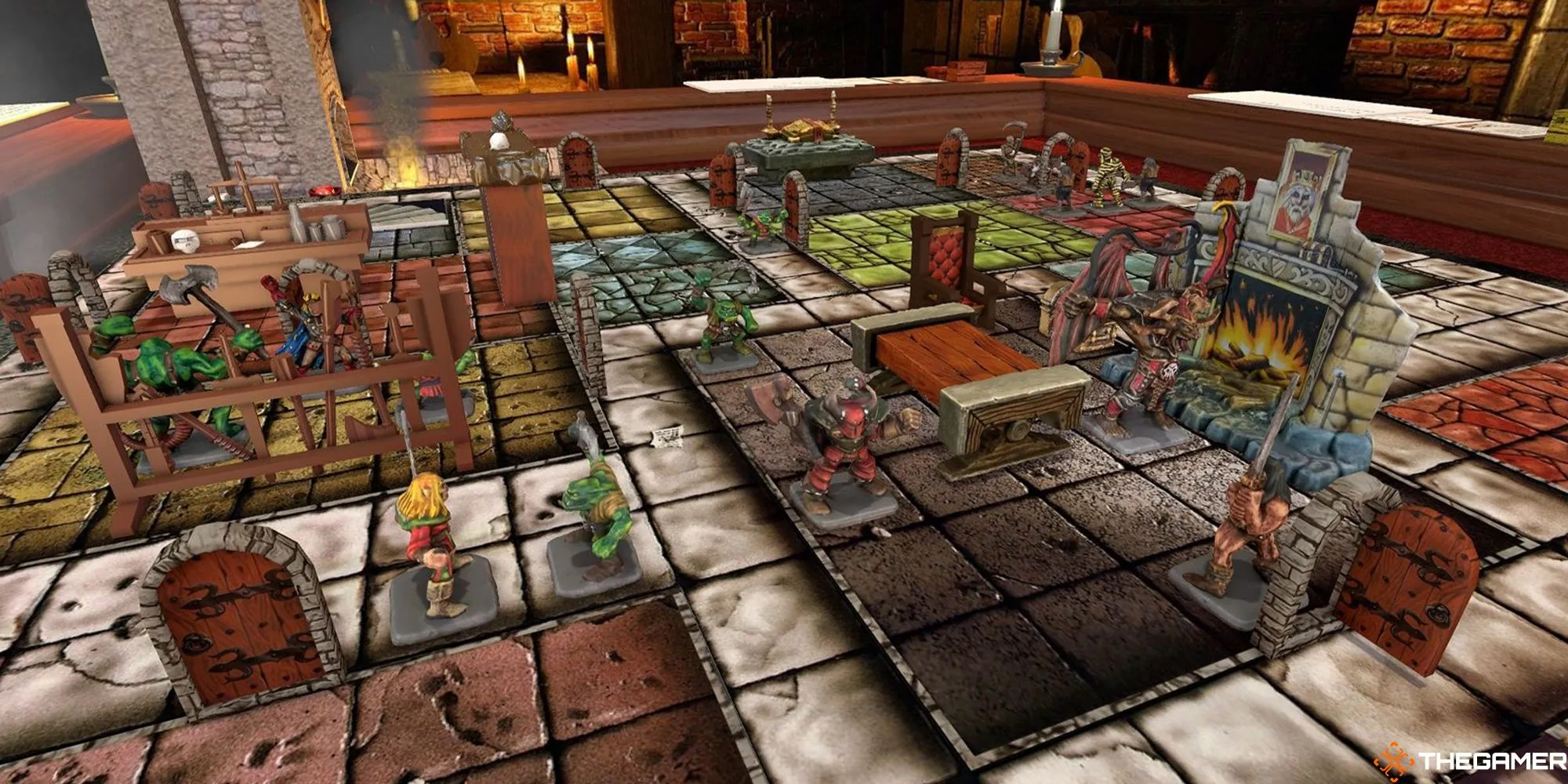 Bàn chơi HeroQuest với các nhân vật và quái vật trong hầm ngục, bối cảnh fantasy cổ điển