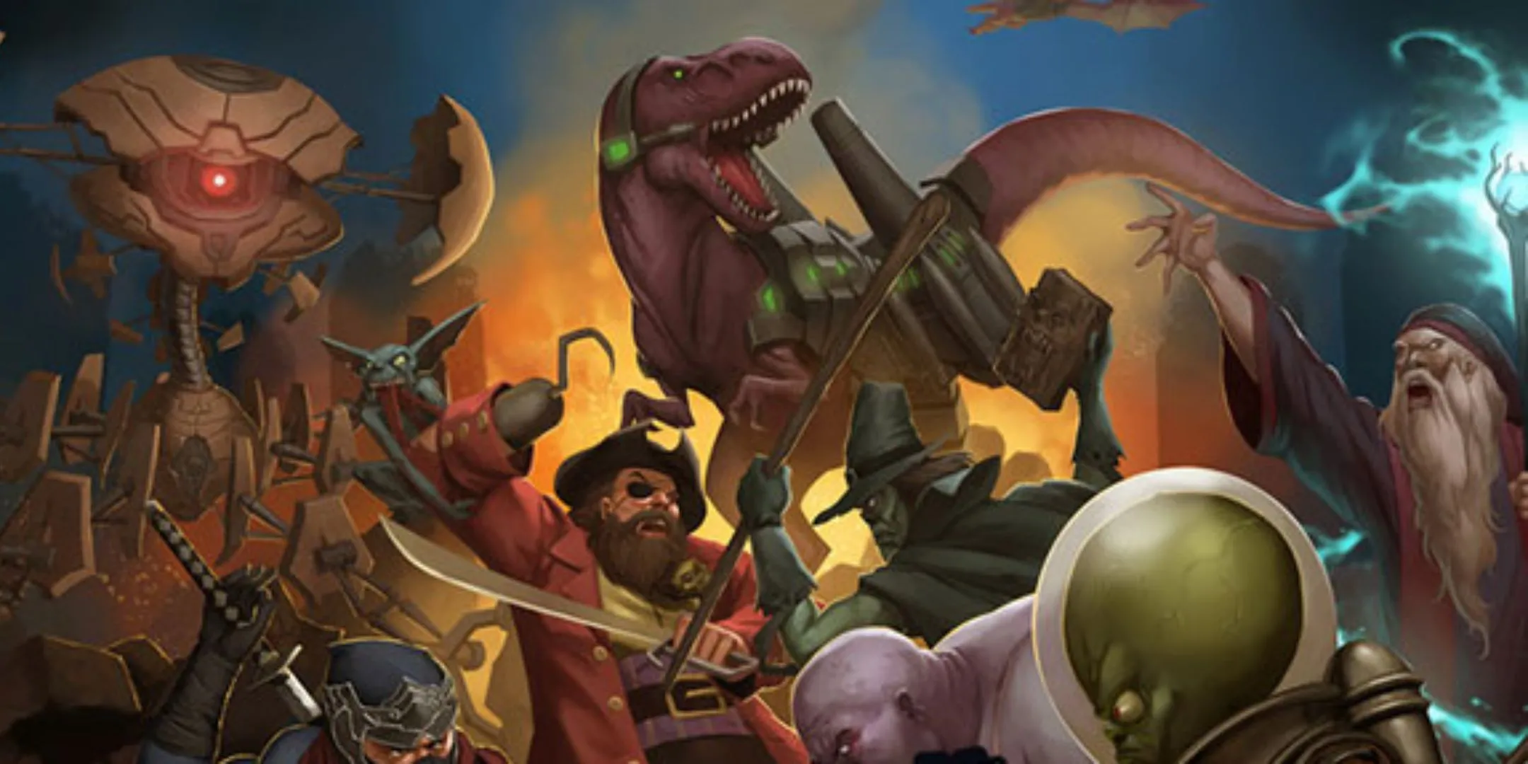 Bìa game Smash Up với các phe phái độc đáo như cướp biển, khủng long, người ngoài hành tinh giao tranh quyết liệt