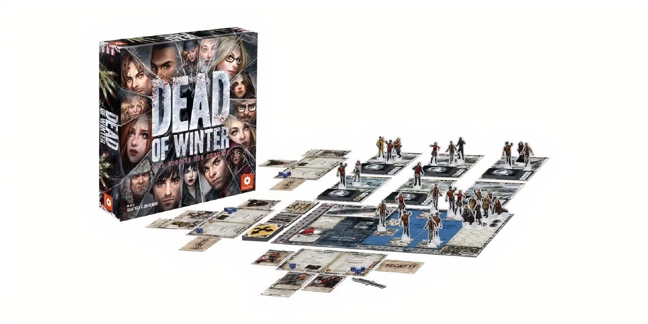 Bìa hộp và bàn cờ Dead of Winter được bày trí với các nhân vật và thẻ bài, tạo không khí sinh tồn khắc nghiệt trong bối cảnh hậu tận thế.