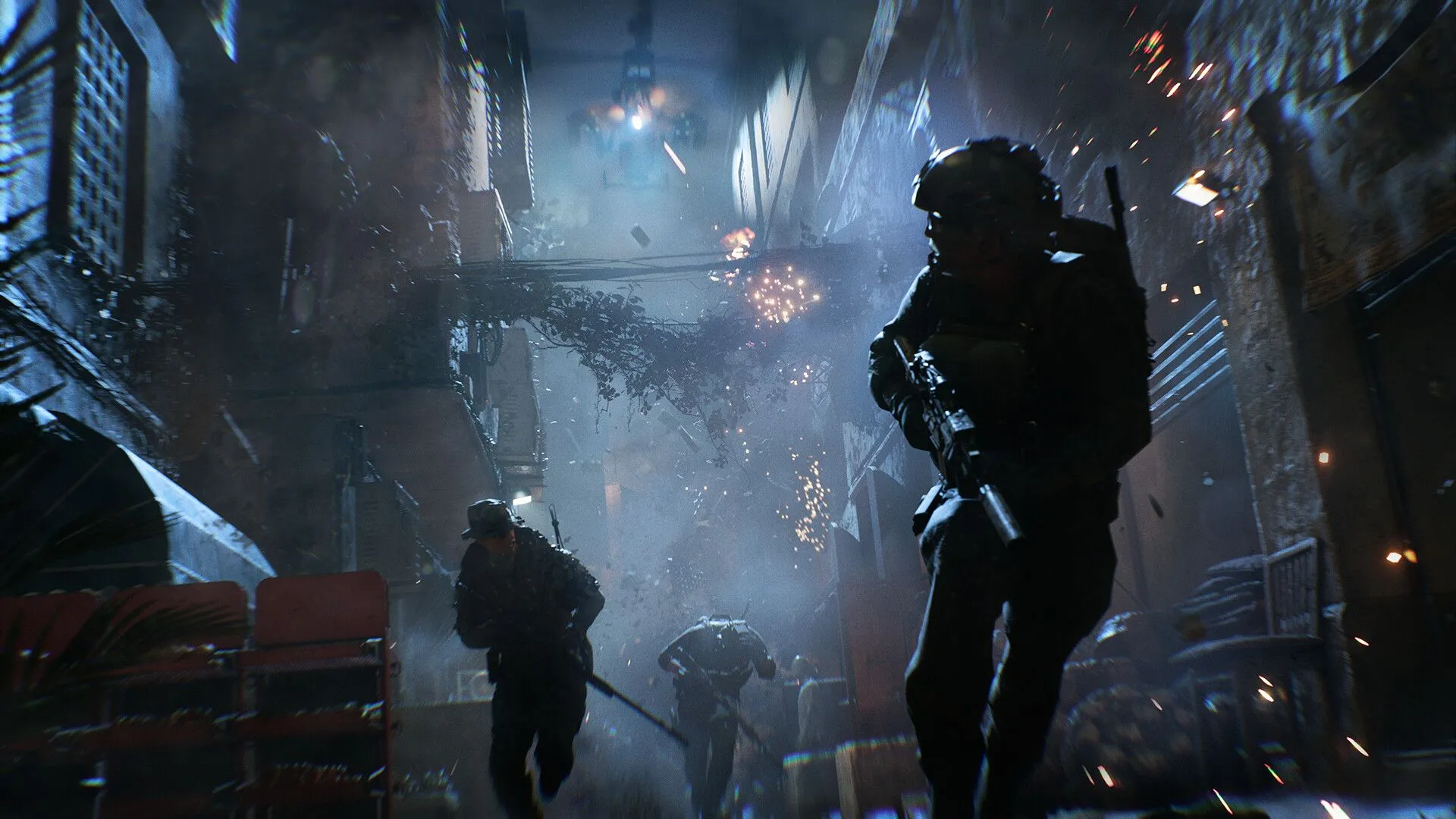Binh lính tháo chạy khi trực thăng tấn công truy đuổi trong cảnh gameplay Battlefield 6.