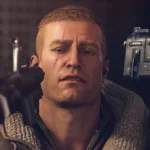 BJ Blazkowicz ngồi đối mặt với hai họng súng chĩa vào đầu, thể hiện số phận bi thảm của một bậc phụ huynh phản bội trong Wolfenstein.
