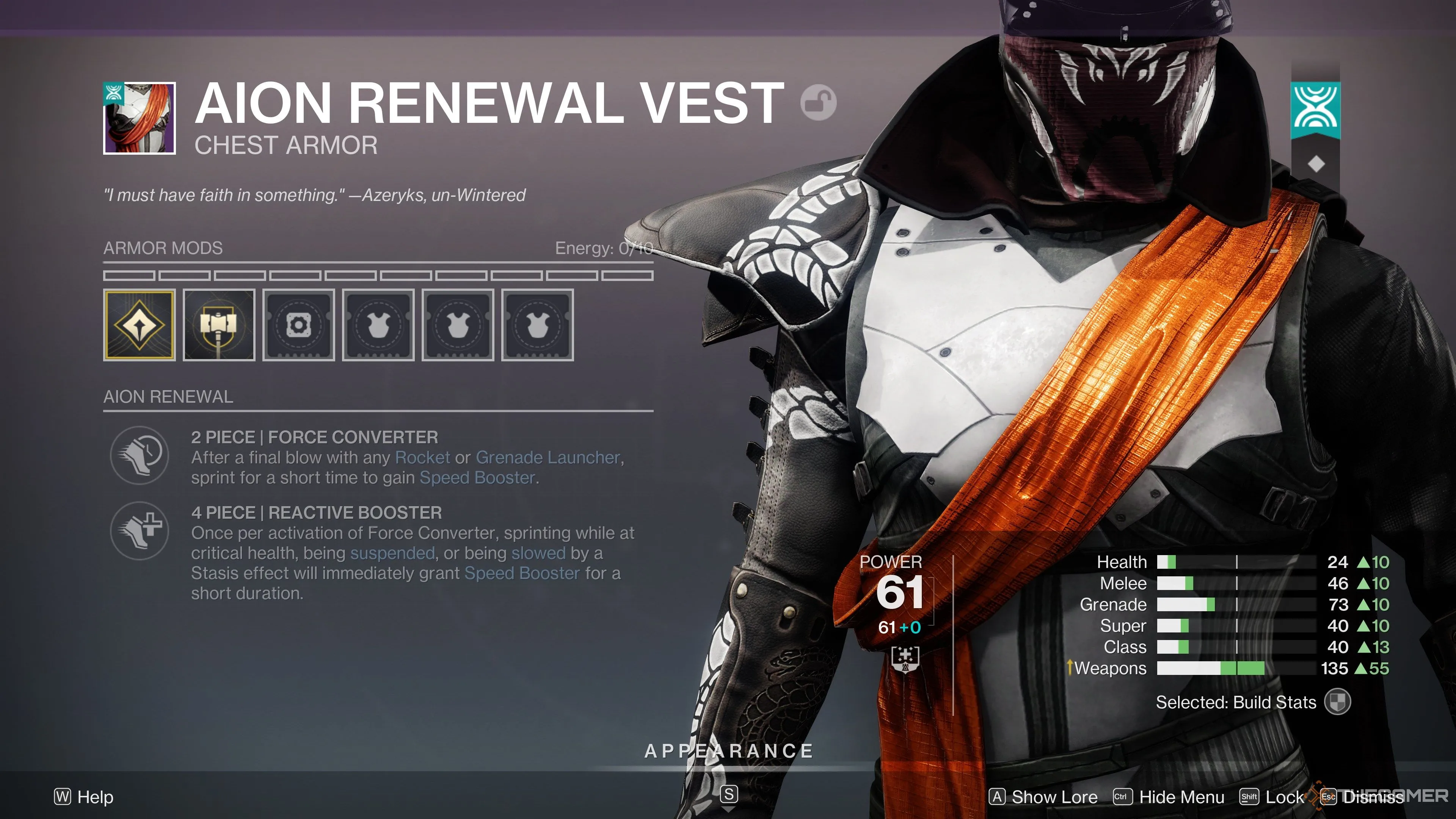 Bộ giáp ngực Aion Renewal trong Destiny 2, minh họa một trong các set giáp mới với hiệu ứng bonus độc đáo.