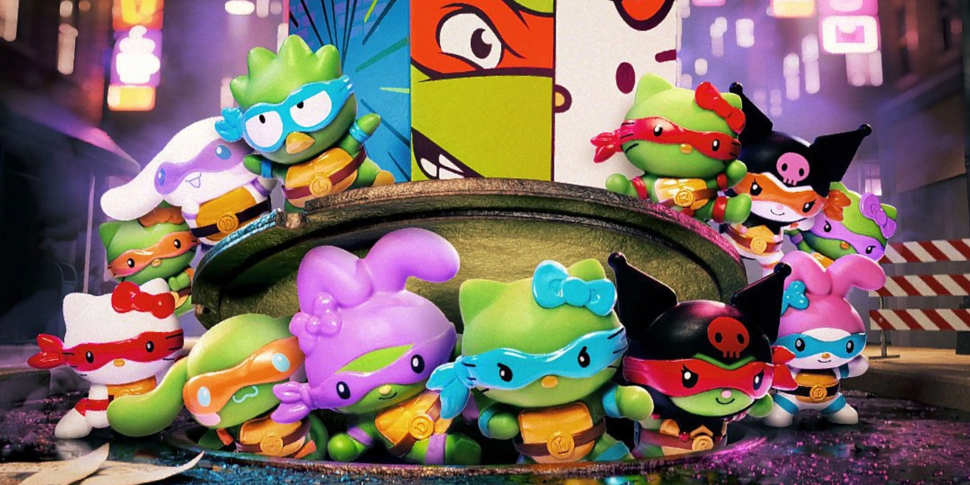 Bộ sưu tập đồ chơi Hello Kitty và Ninja Rùa trong chương trình Happy Meal tại McDonald's, bao gồm các nhân vật Sanrio hóa trang thành TMNT.