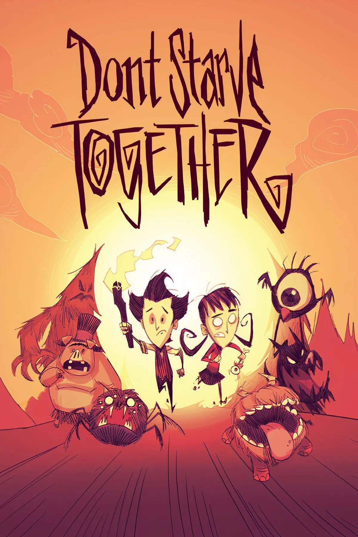 Các nhân vật hoạt hình của Don't Starve Together đang chế tạo và thu thập tài nguyên trong môi trường kỳ quái.