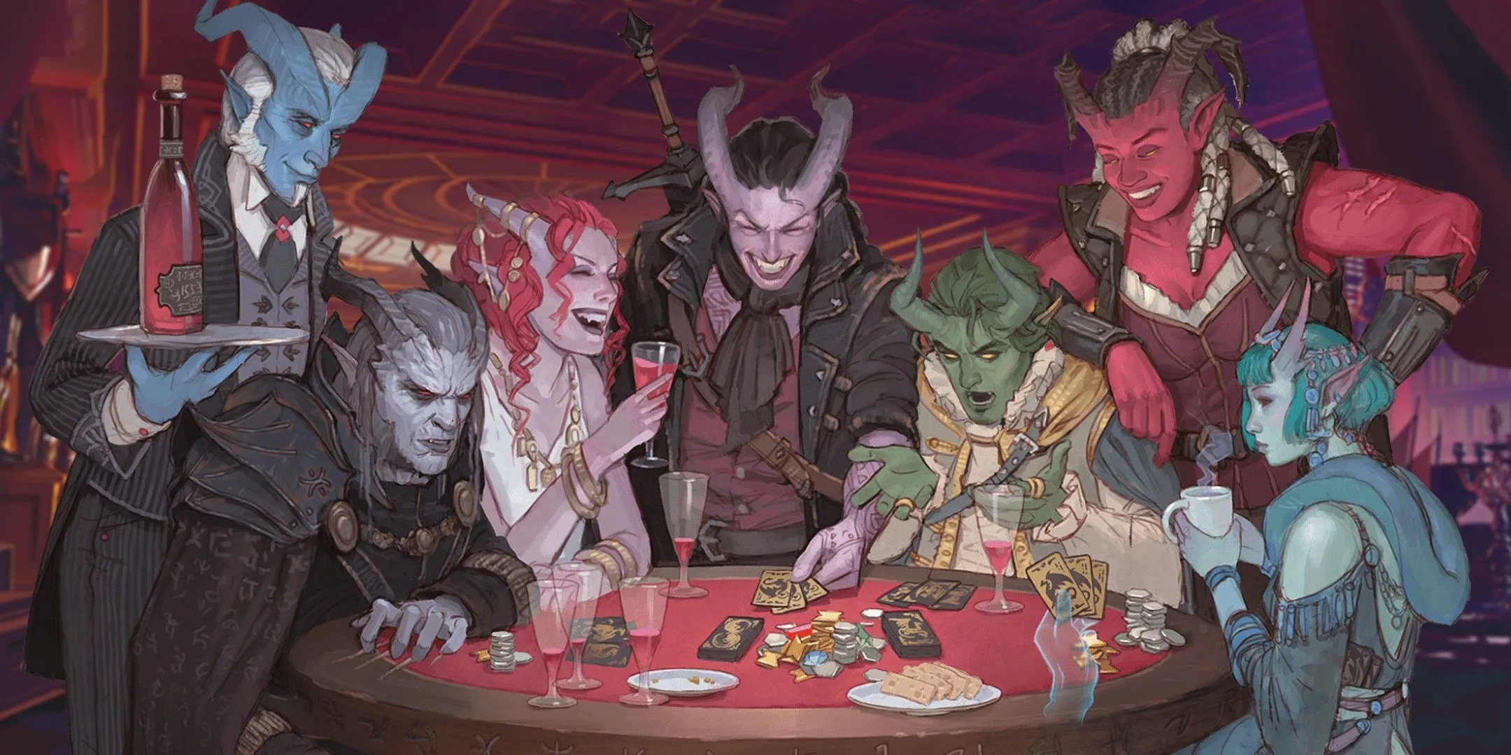 Các Tiefling đang chơi bài, gợi nhắc tránh xao nhãng khỏi cuộc phiêu lưu chính của Dungeons &amp; Dragons