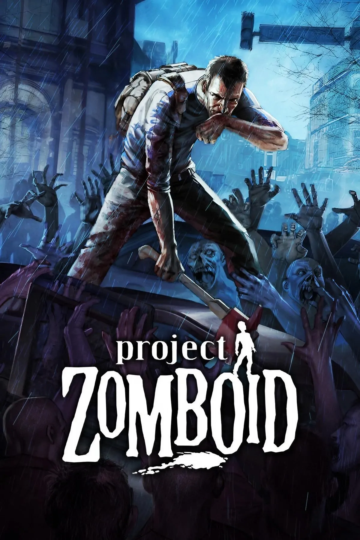 Cảnh quan đổ nát trong Project Zomboid với các tòa nhà bị phá hủy và bầu trời u ám, tượng trưng cho thế giới hậu tận thế.