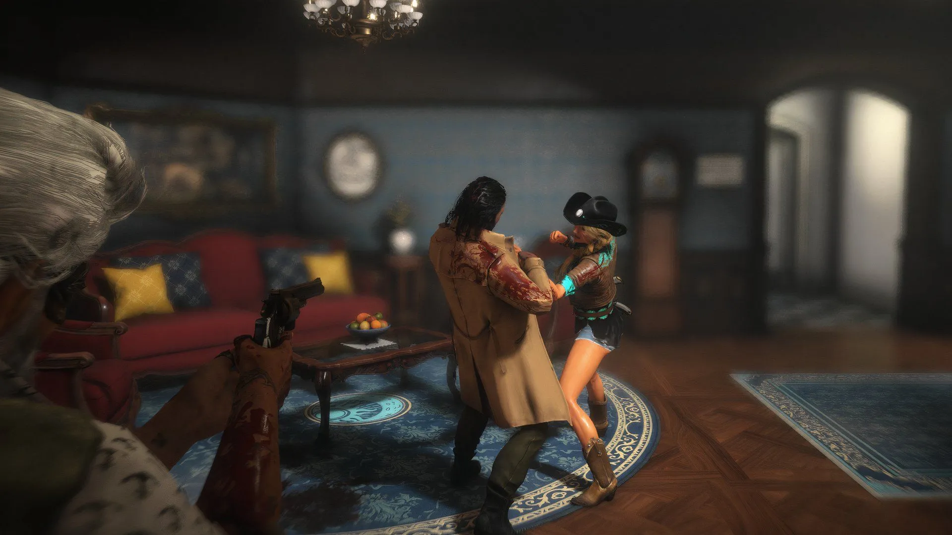 Cảnh quan hành lang khách sạn gothic trong Killer Inn, nơi ẩn chứa nhiều bí mật chết người.