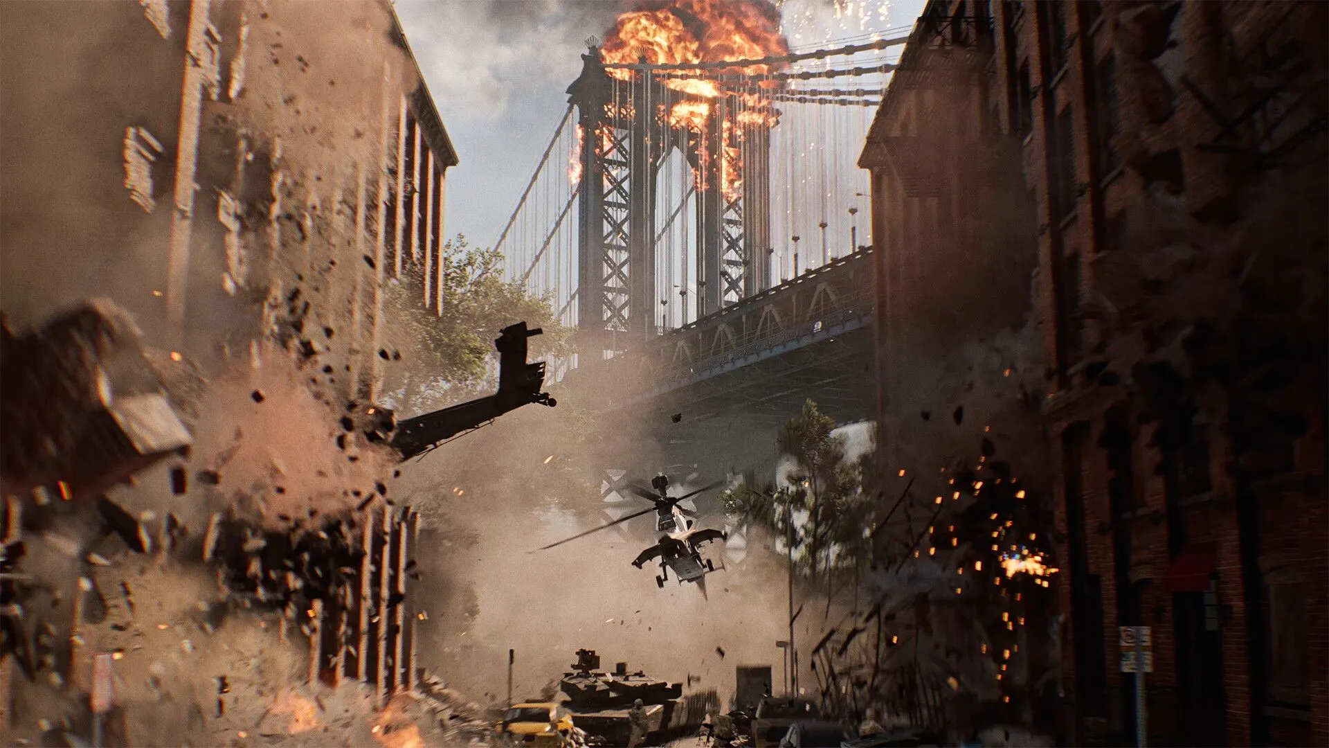 Cảnh tượng chiến trường rộng lớn với phương tiện quân sự trong Battlefield 6