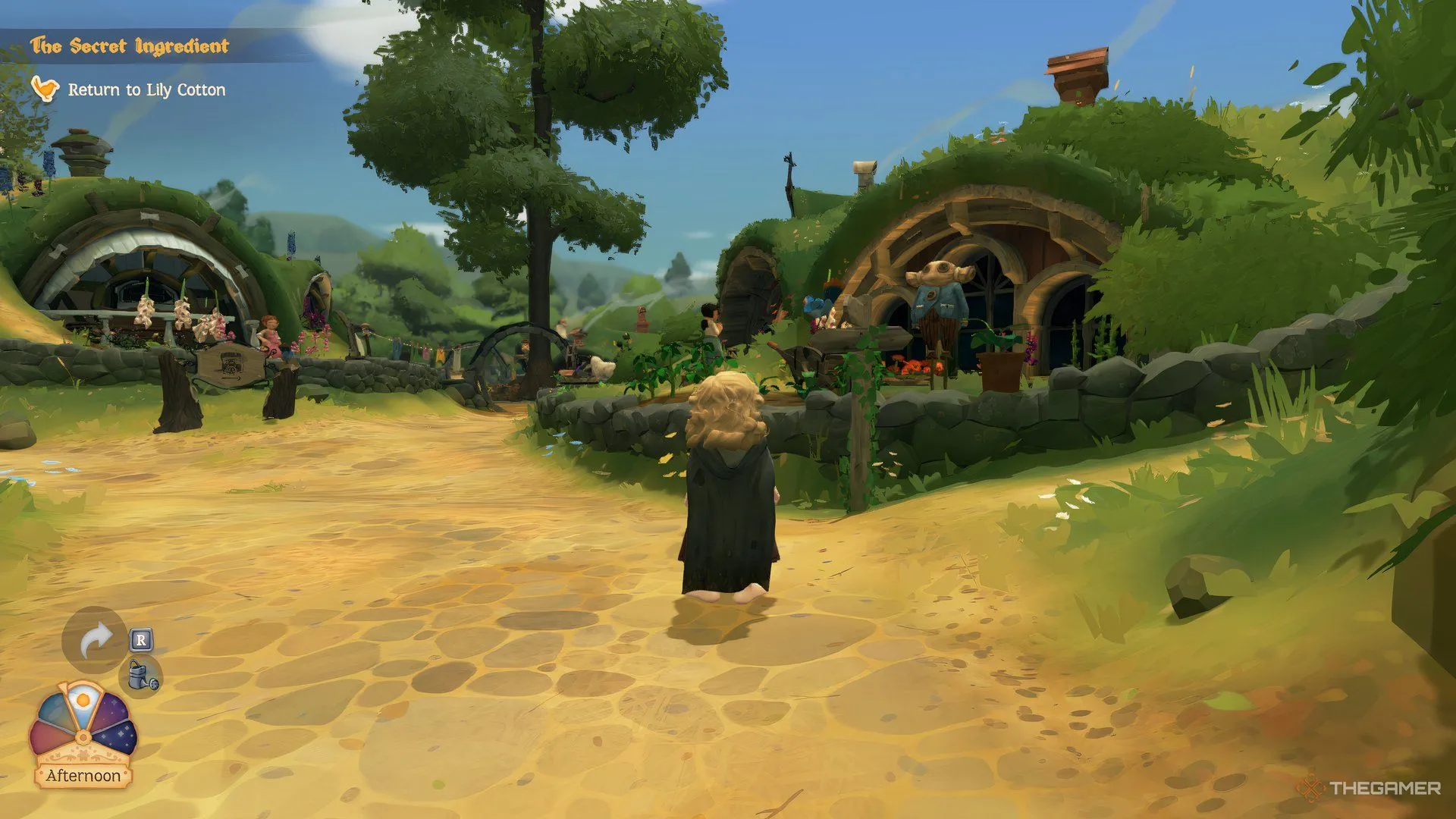 Chú chim dẫn đường đậu trên cột mốc chỉ dẫn trong Tales of the Shire, giúp người chơi định hướng trong khu vực.