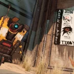 Claptrap biểu tượng Borderlands 3 với biểu cảm lạc quan trước cổng bị khóa