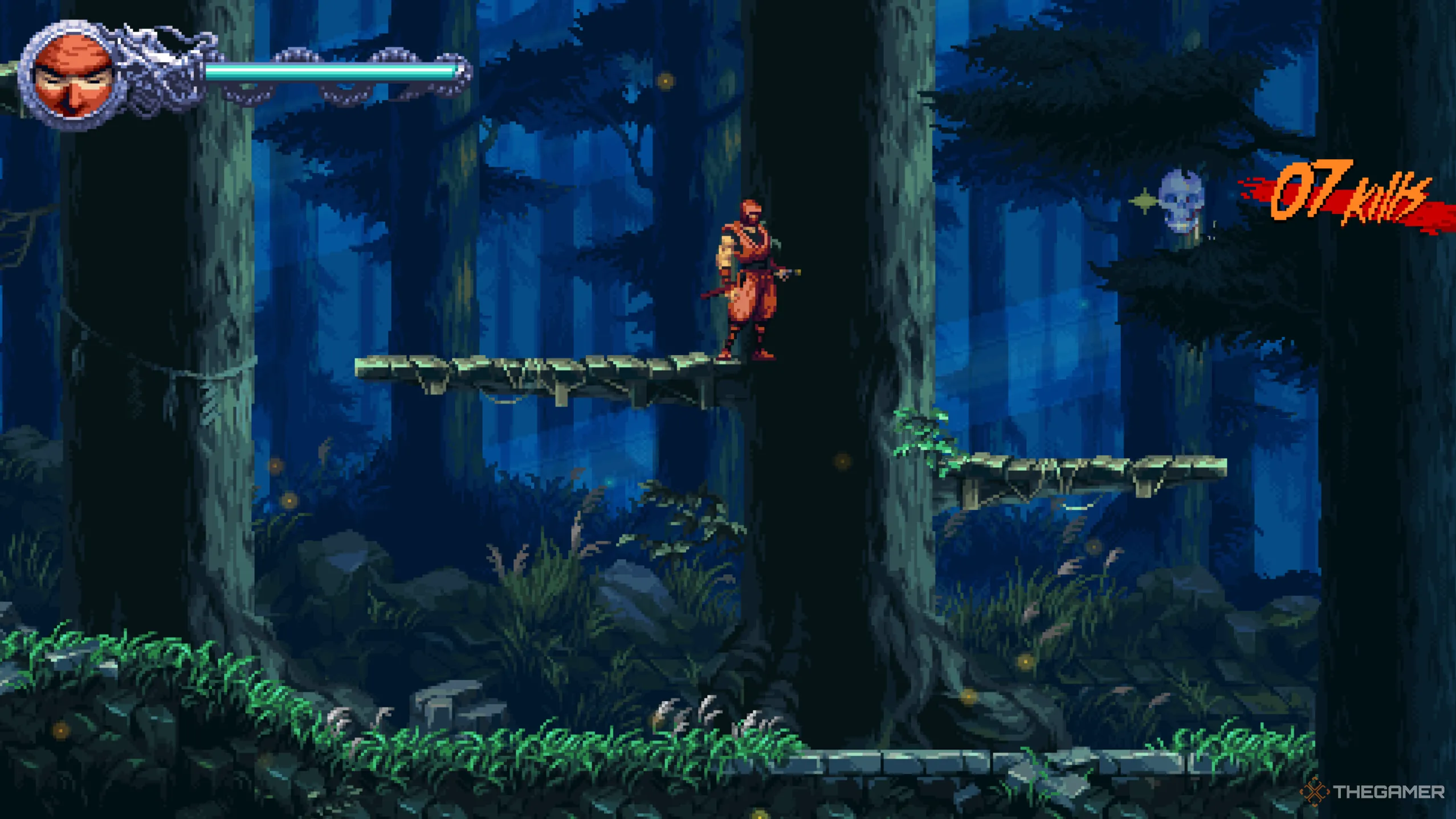 Crystal Skull cuối cùng của P1, nằm sau cành cây rậm rạp được bảo vệ bởi Samurai trong Ninja Gaiden Ragebound.