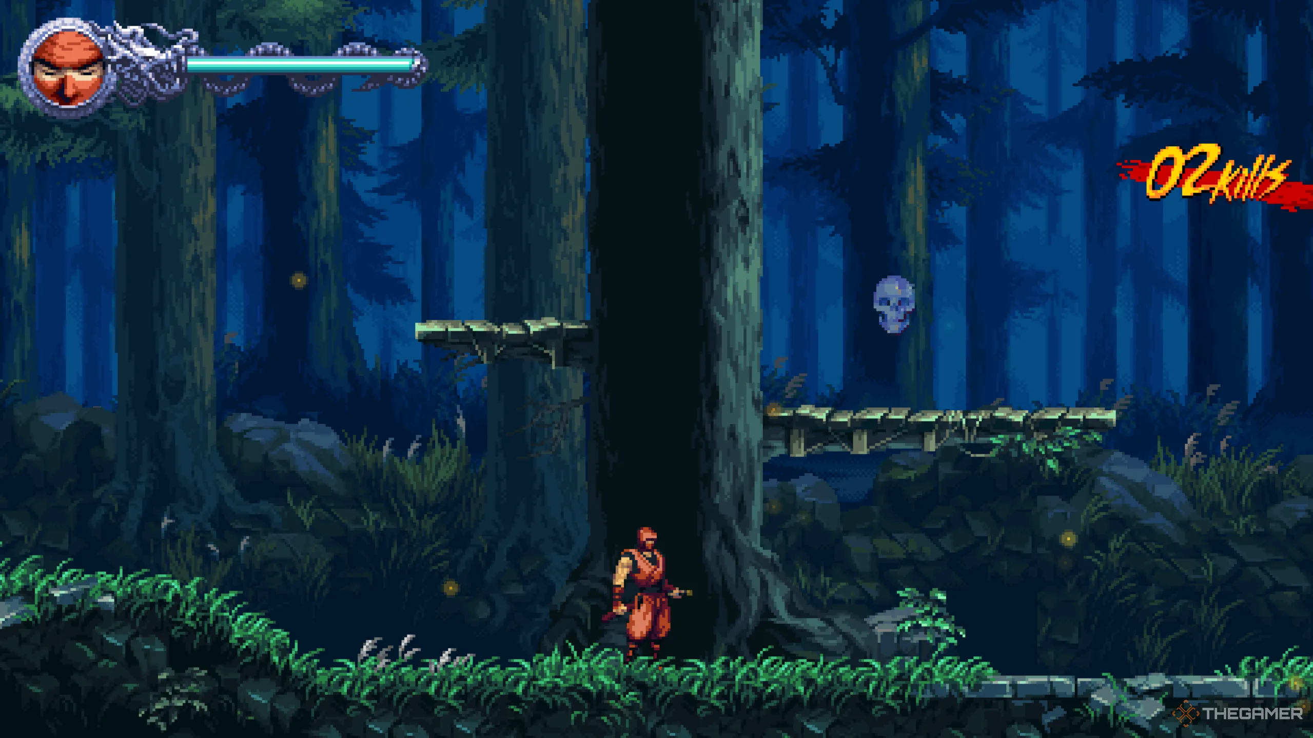 Crystal Skull thứ hai ẩn mình trên bệ cao, gần kẻ địch Samurai trong Ninja Gaiden Ragebound.