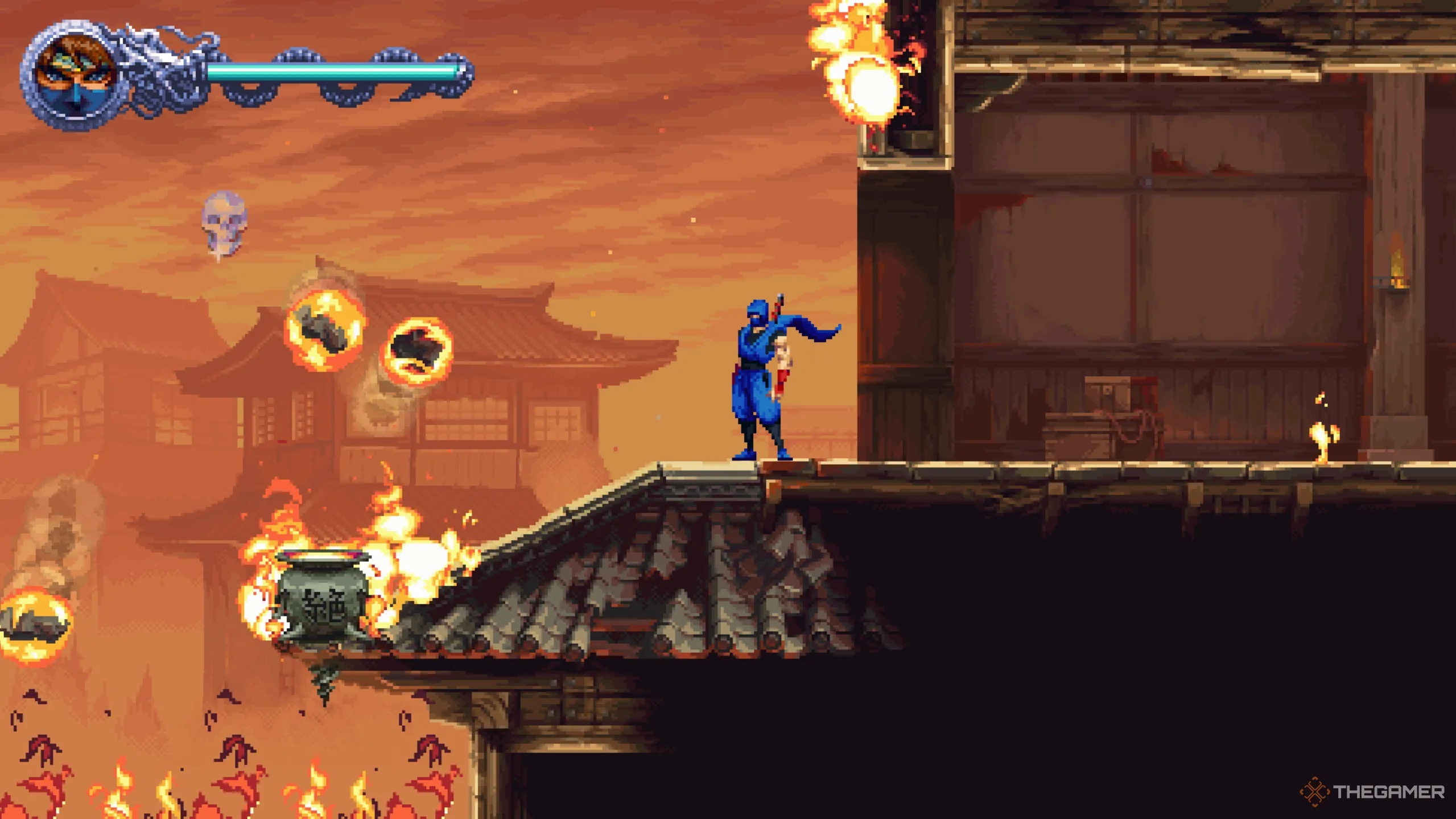 Crystal Skull thứ hai của Màn 1-2, ẩn mình sau cú lộn người qua khe hở trên mái nhà cháy trong Ninja Gaiden Ragebound.