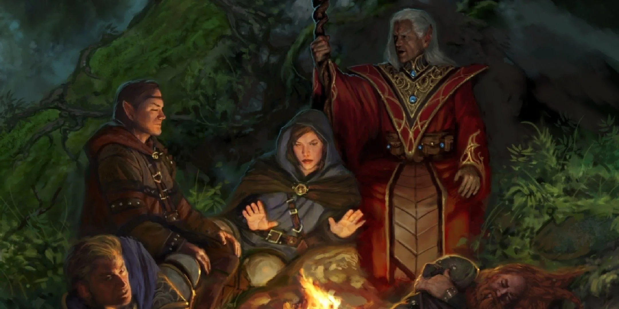 Đoàn mạo hiểm cắm trại trong rừng, biểu tượng cho sự kiên nhẫn cần thiết khi chơi Dungeons &amp; Dragons với DM mới