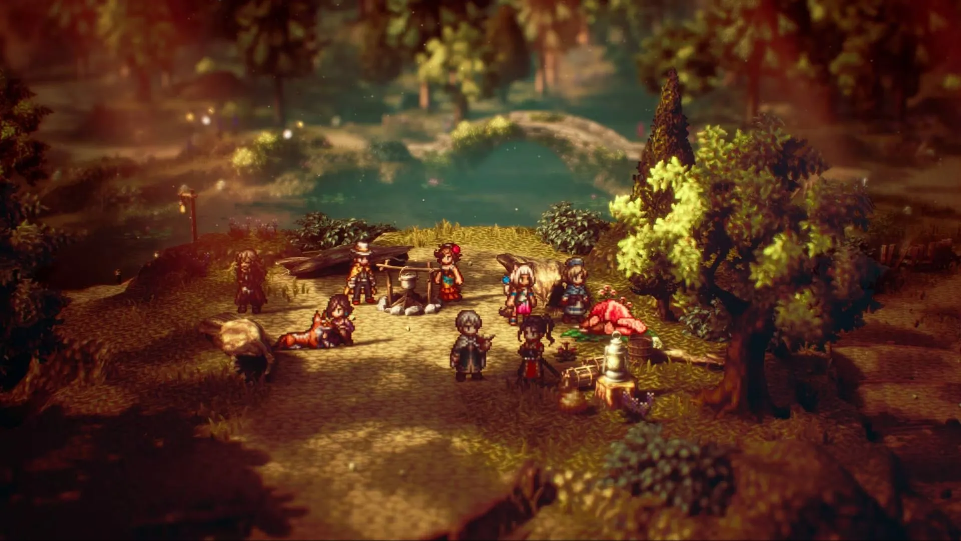 Đội hình nhân vật HD-2D trong Octopath Traveler 2, minh họa phong cách đồ họa đặc trưng của Square Enix