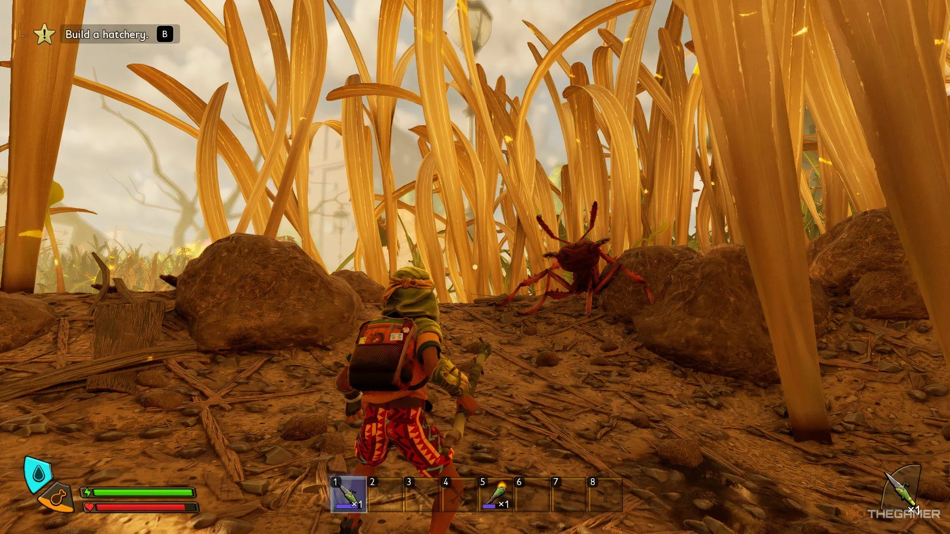 Game thủ đang đối đầu với Kiến Lính Đỏ hung hãn, loài côn trùng cung cấp Acid Glands quan trọng trong Grounded 2.
