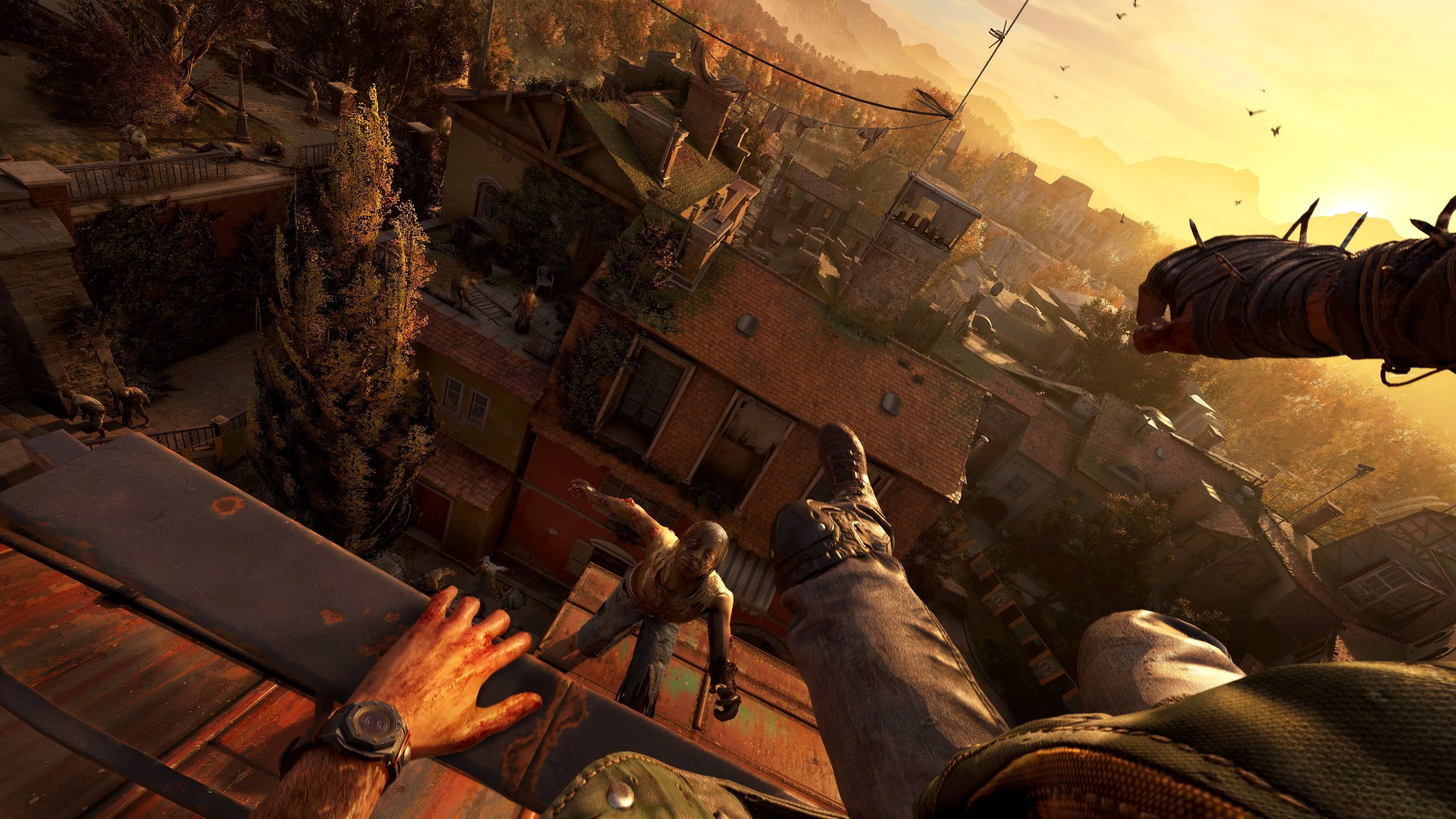 Game thủ thực hiện cú nhảy parkour đầy mạo hiểm từ mái nhà để đối đầu zombie trong Dying Light The Beast.