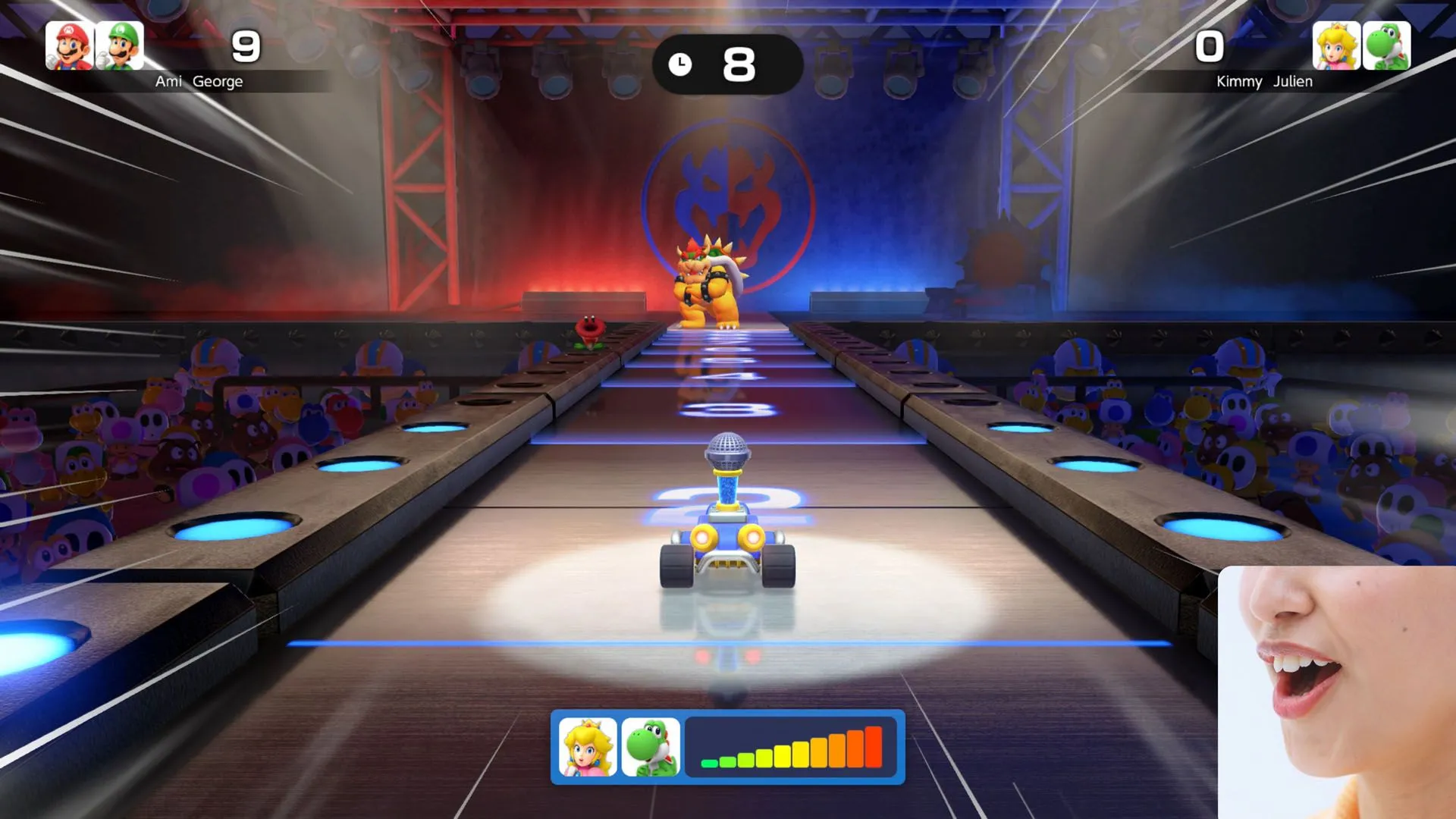 Gameplay Super Mario Party Jamboree trên Nintendo Switch 2 cho thấy tính năng camera người chơi tương tác trên màn hình
