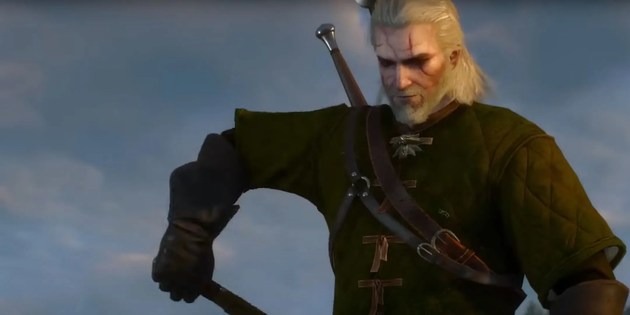 Geralt với đầu Griffin chiến lợi phẩm trong The Witcher 3: Wild Hunt, minh họa việc giải quyết vấn đề của NPC.