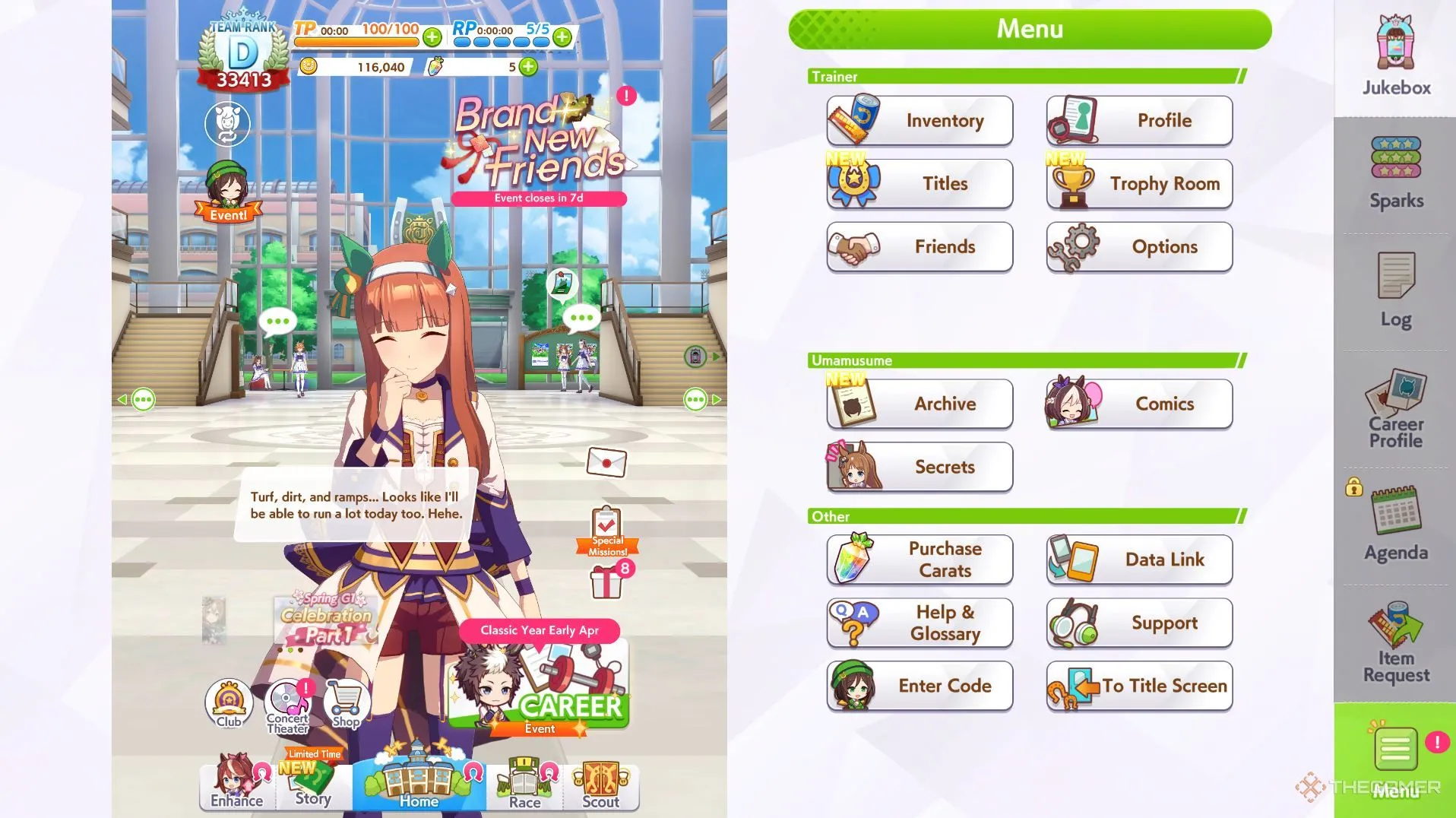 Giao diện chính Umamusume: Pretty Derby trên Steam với bố cục dọc, hiển thị nhật ký thông tin chi tiết ở cạnh bên, tối ưu cho game thủ.