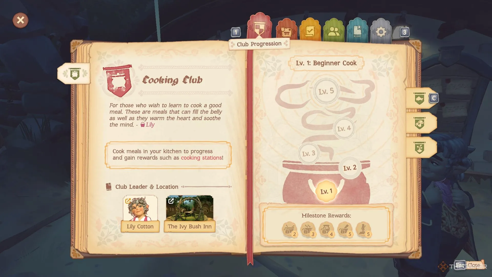 Giao diện nhật ký người chơi Tales of the Shire hiển thị chi tiết phần thưởng và kinh nghiệm của Câu lạc bộ Nấu ăn.