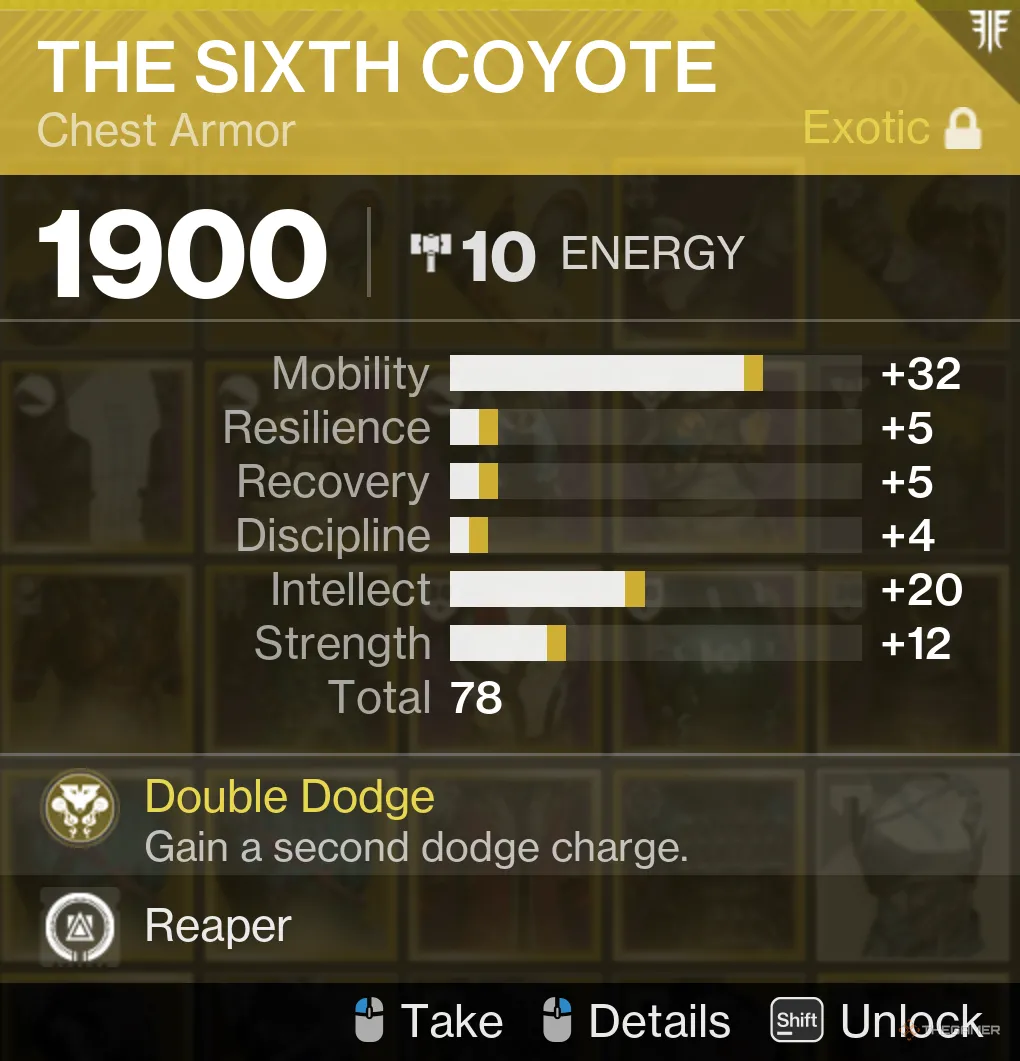 Giáp Exotic Sixth Coyote trong Destiny 2 với chỉ số Mobility và Intellect cao, một ví dụ về tổ hợp chỉ số không còn khả dụng trong Armor 3.0.