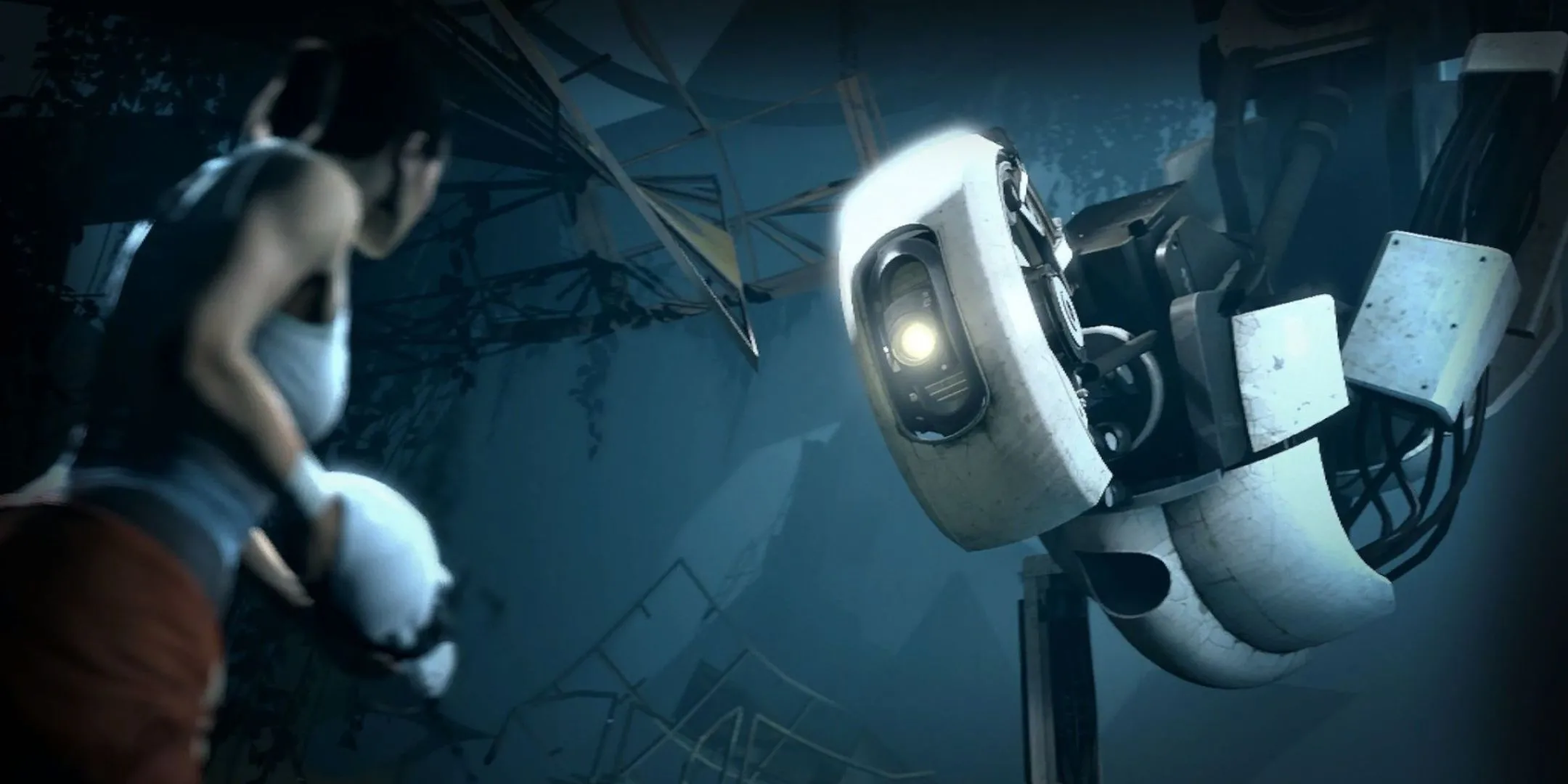 GLaDOS đối mặt với Chell trong Portal 2, nổi tiếng với những lời lẽ châm biếm.