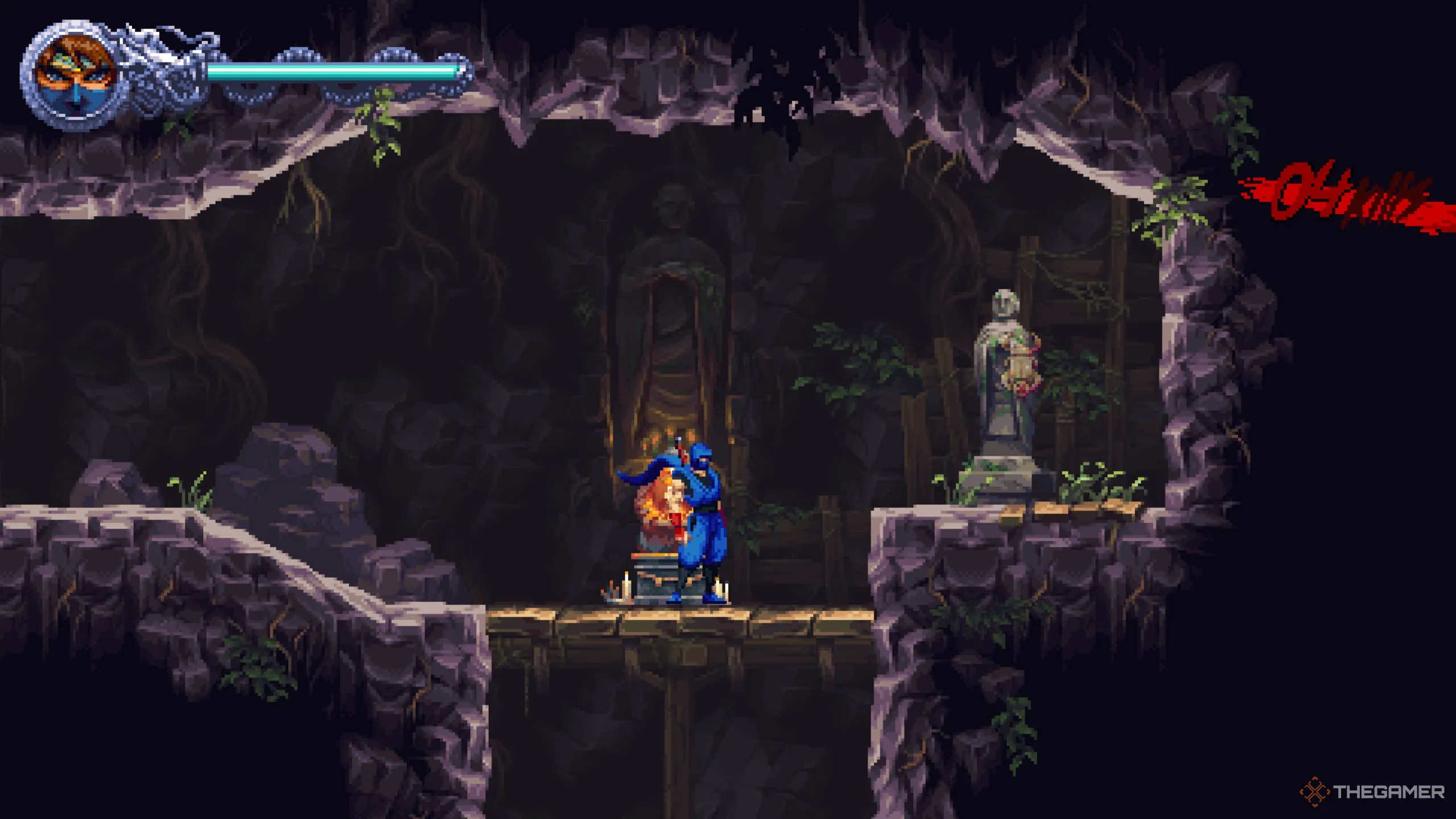 Golden Scarab thứ hai dễ dàng nhận diện cạnh điểm checkpoint và tượng trong hang động của Ninja Gaiden: Ragebound