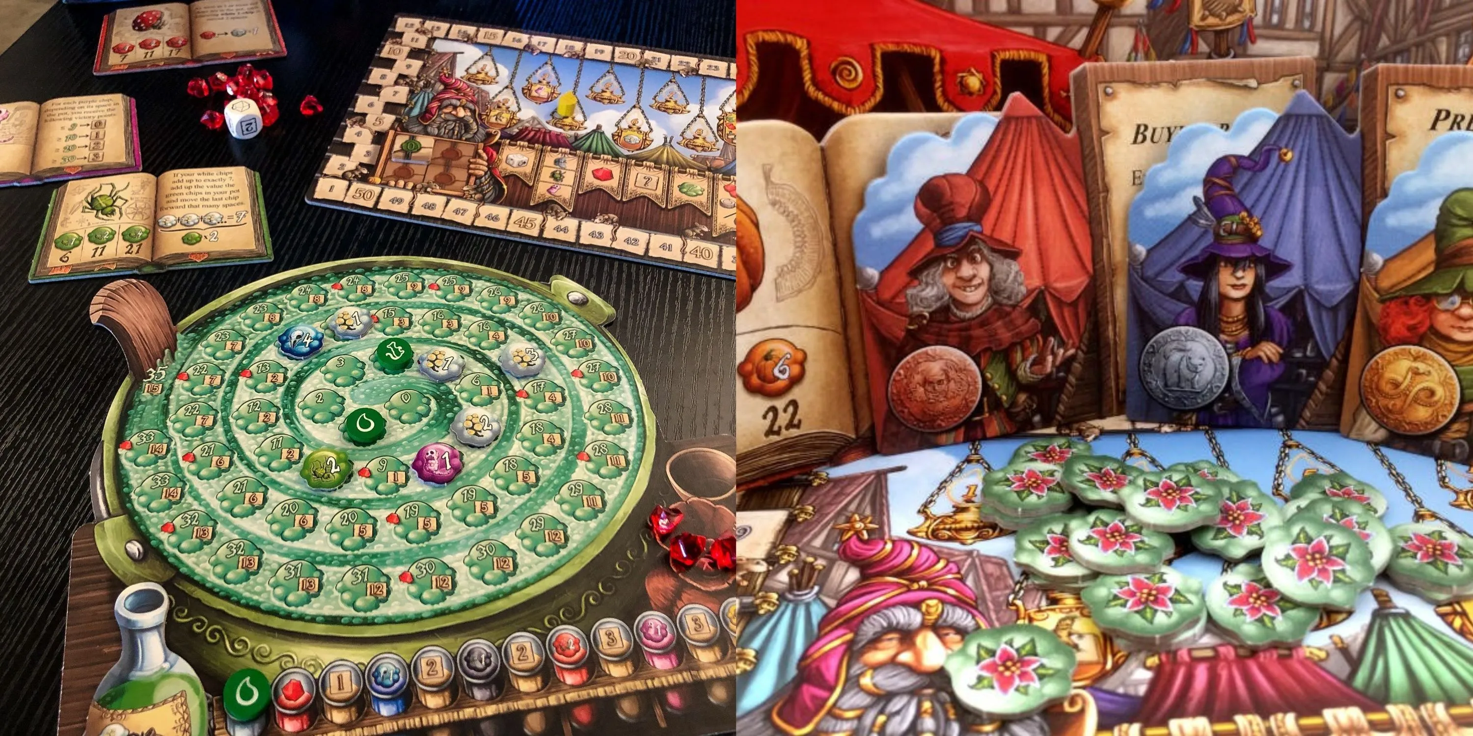 Hai góc nhìn cận cảnh các thành phần game Quacks of Quedlinburg, bao gồm túi nguyên liệu và nồi thuốc, thể hiện cơ chế 'kéo túi'.