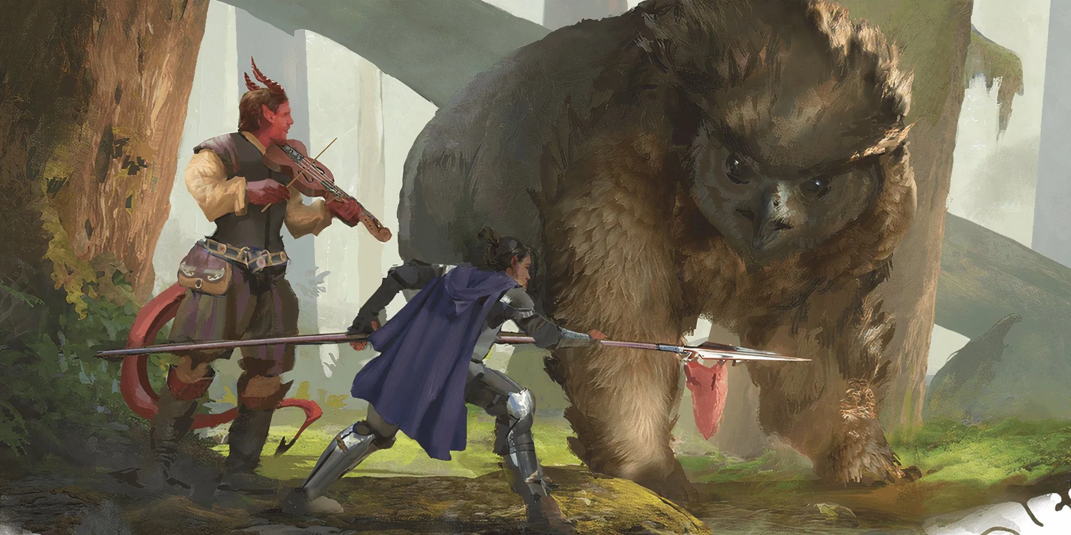 Hai nhà thám hiểm đàm phán với một Owlbear trong D&amp;D.