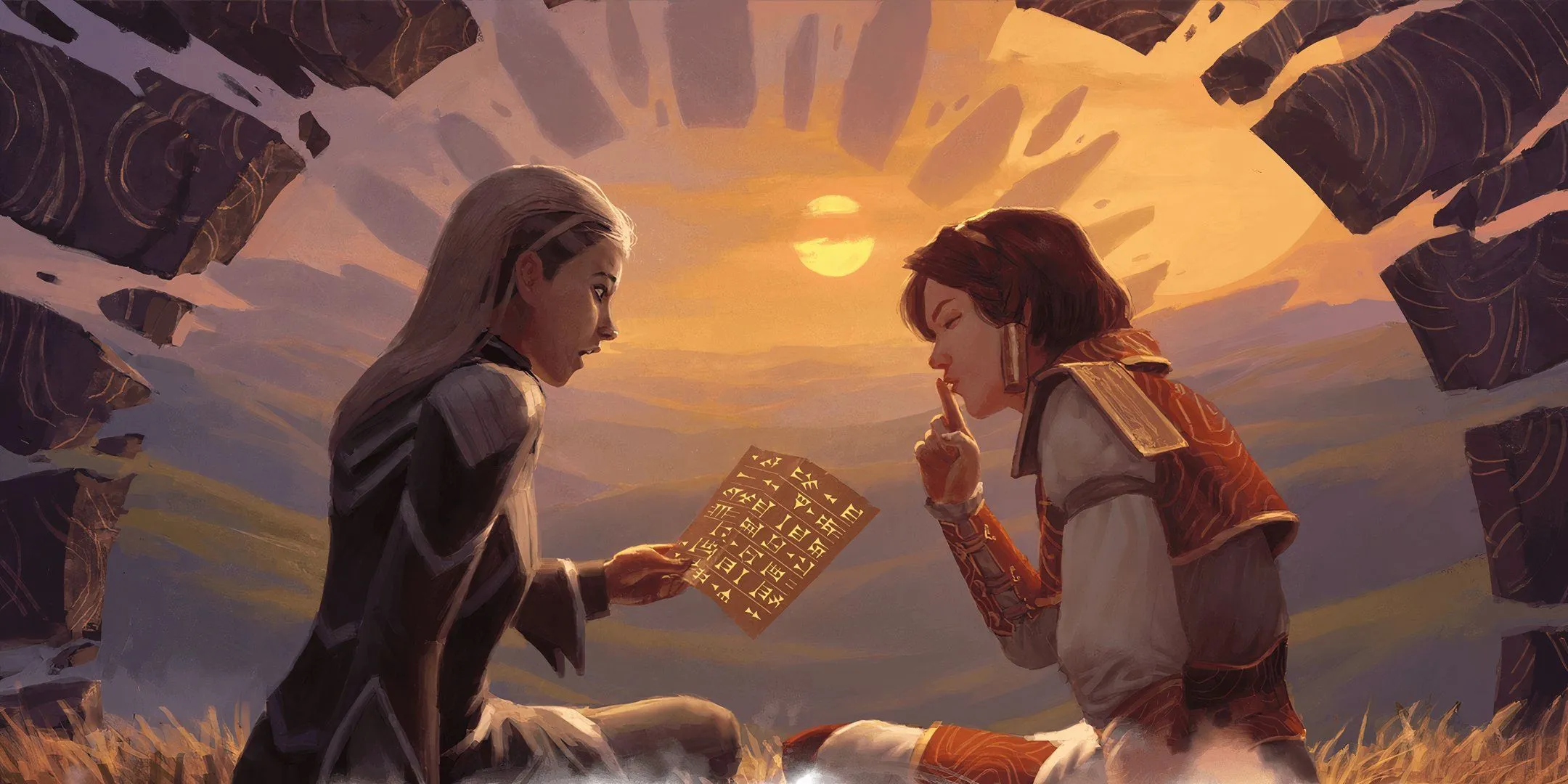 Hai sinh viên Strixhaven đang hẹn hò dưới ánh hoàng hôn trong D&amp;D, khung cảnh thơ mộng.