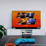 Hệ thống súng chơi game G'aim'e Plug & Play được thiết lập trước màn hình TV hiện đại, sẵn sàng cho trải nghiệm bắn súng arcade tại nhà.