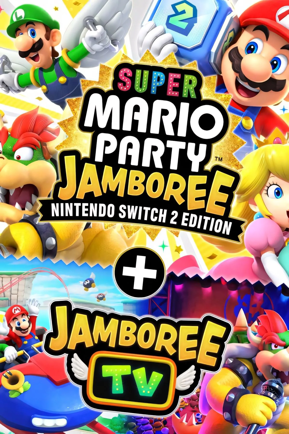 Hình ảnh bìa game Super Mario Party Jamboree Nintendo Switch 2 Edition với logo Jamboree TV nổi bật