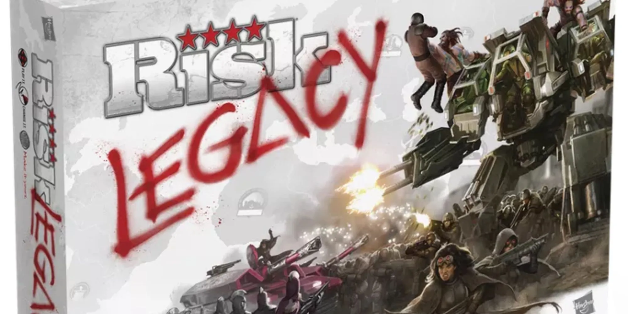 Hộp game Risk Legacy với hình ảnh robot chiến đấu xé toạc binh lính, thể hiện sự khốc liệt của game chiến tranh