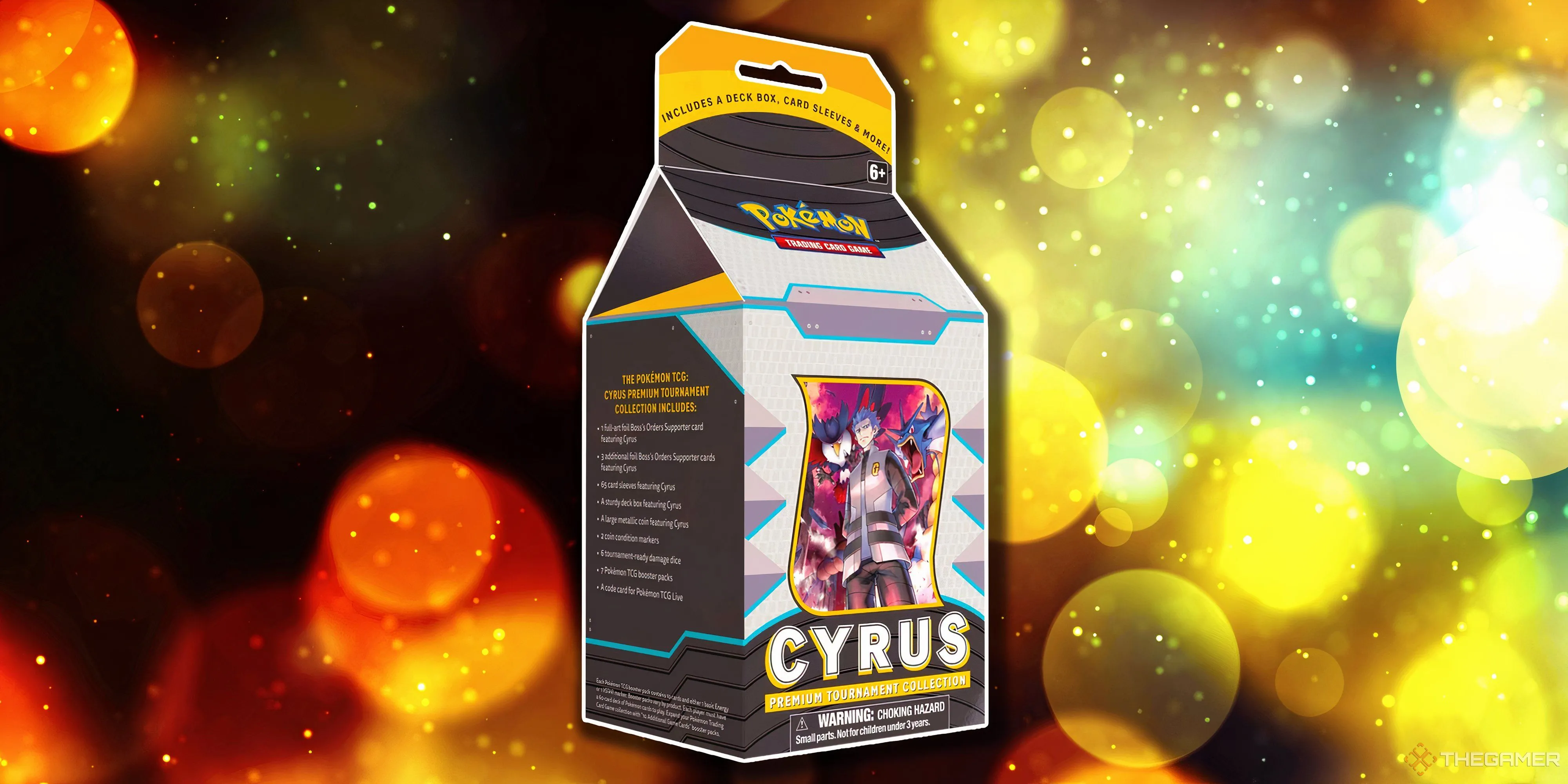 Hộp Premium Tournament Collection Cyrus Pokemon TCG với thiết kế tối màu và hình ảnh Cyrus