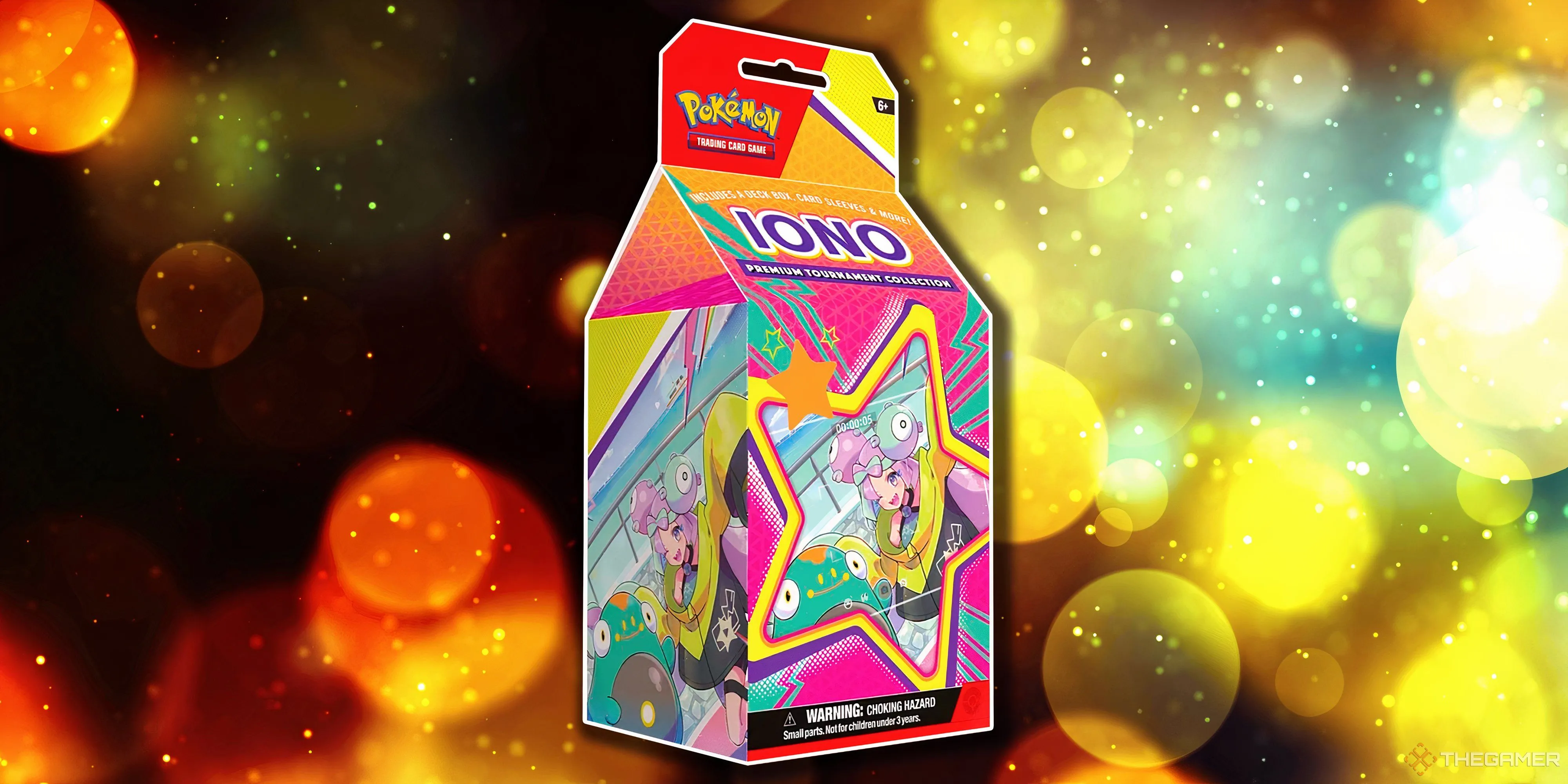 Hộp Premium Tournament Collection Iono Pokemon TCG nổi bật với màu sắc tươi sáng và biểu tượng ngôi sao