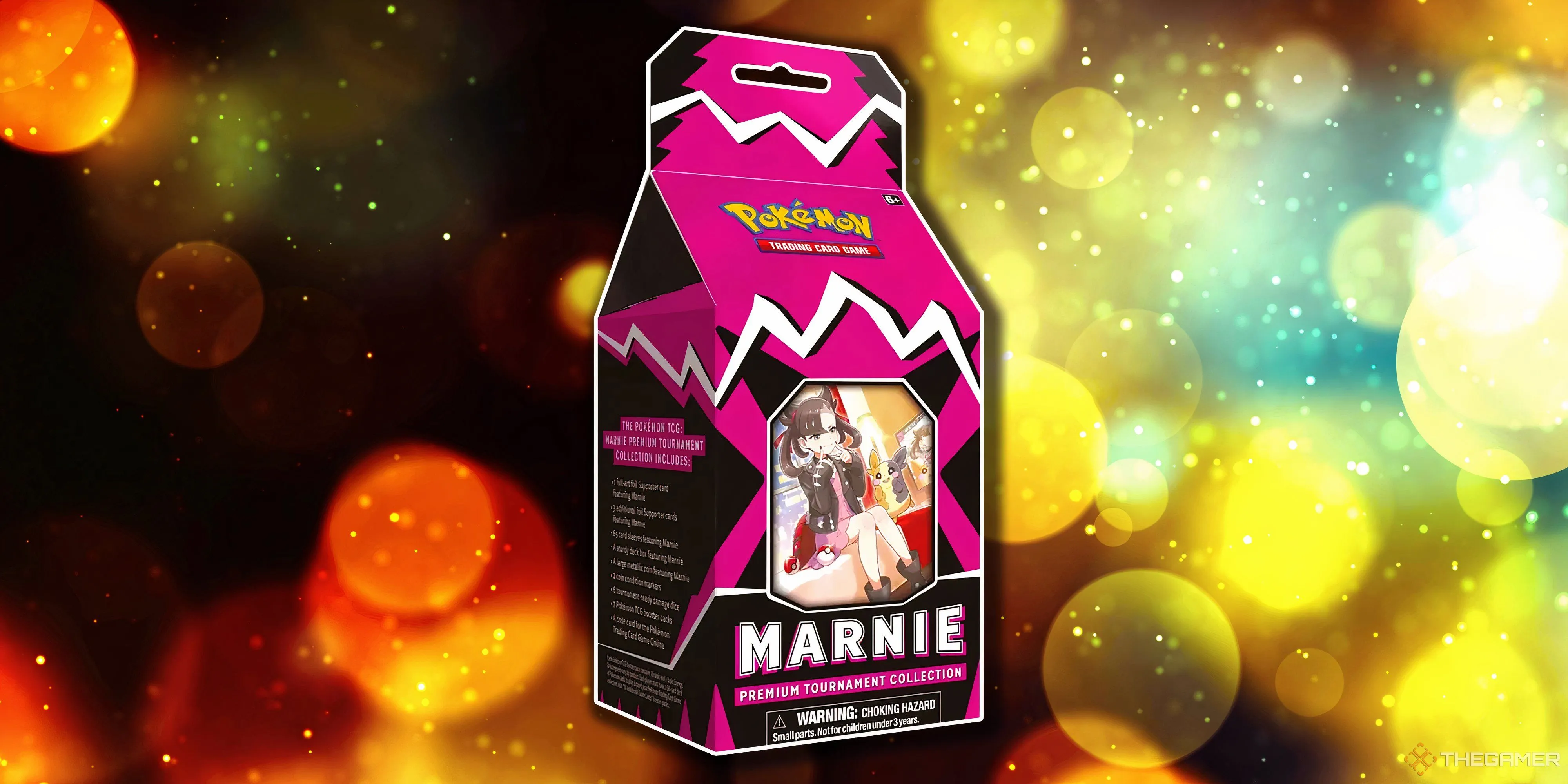 Hộp Premium Tournament Collection Marnie Pokemon TCG với màu đen và hồng đặc trưng của Marnie