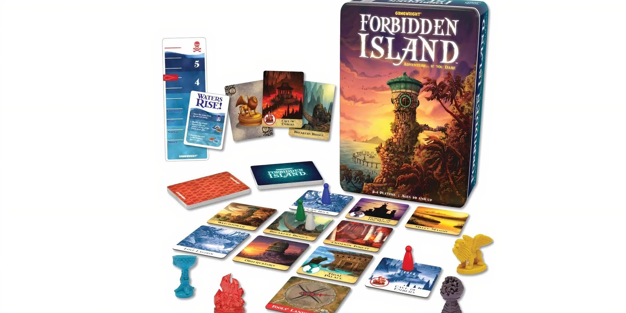 Hộp và các mảnh ghép của board game Forbidden Island, cho thấy các hòn đảo đang chìm và các kho báu