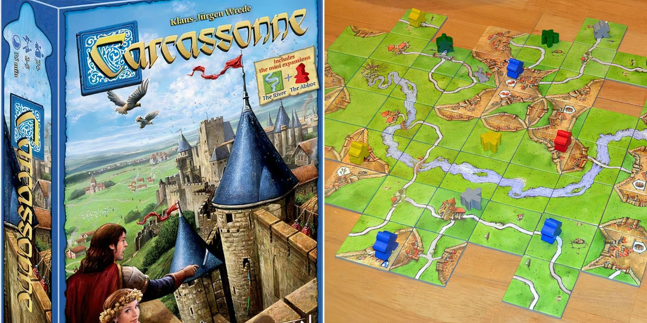 Hộp và các miếng ghép của board game Carcassonne, thể hiện khung cảnh trung cổ với thành phố, đường và tu viện
