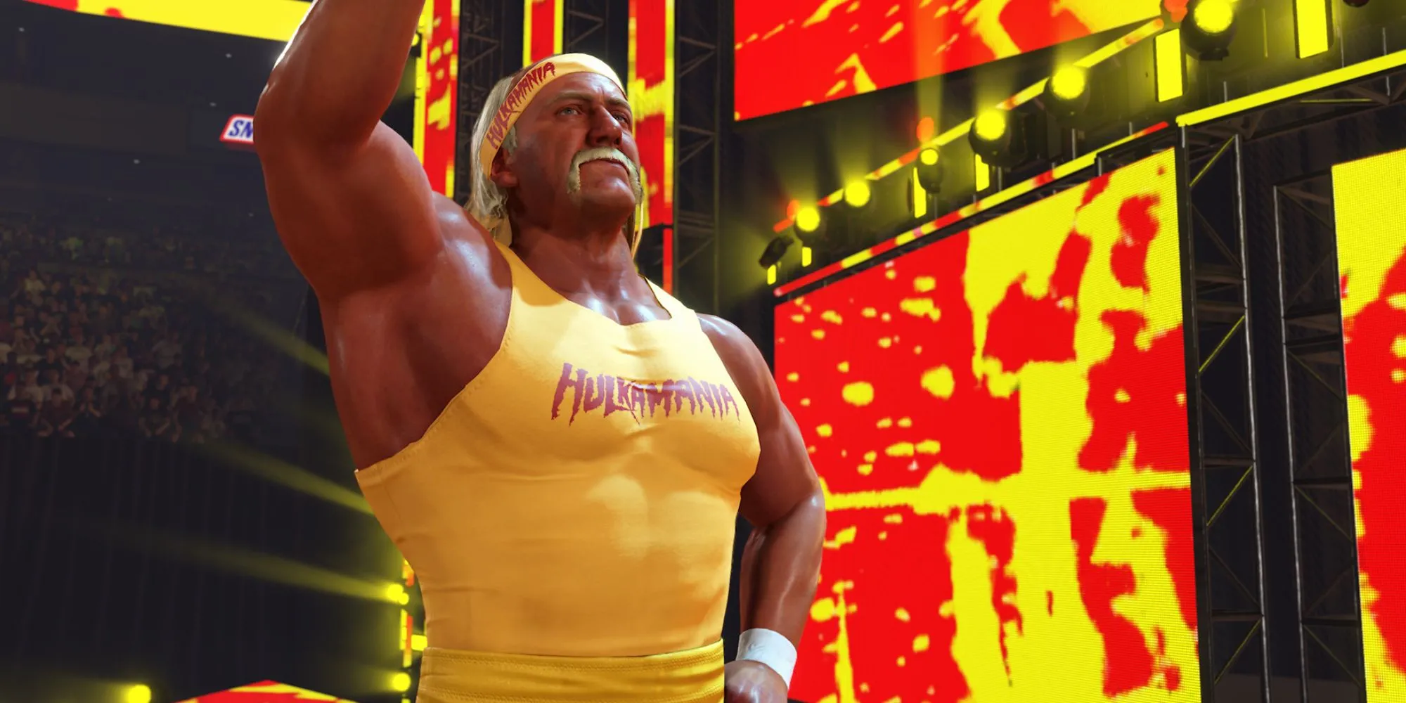 Hulk Hogan trong trang phục thi đấu kinh điển, tái hiện lối vào đặc trưng trong WWE 2K24