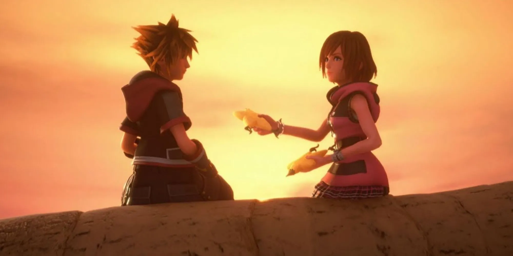 Kairi đưa trái paopu cho Sora trong Kingdom Hearts 3, minh họa ý nghĩa của trái paopu trong mối quan hệ.