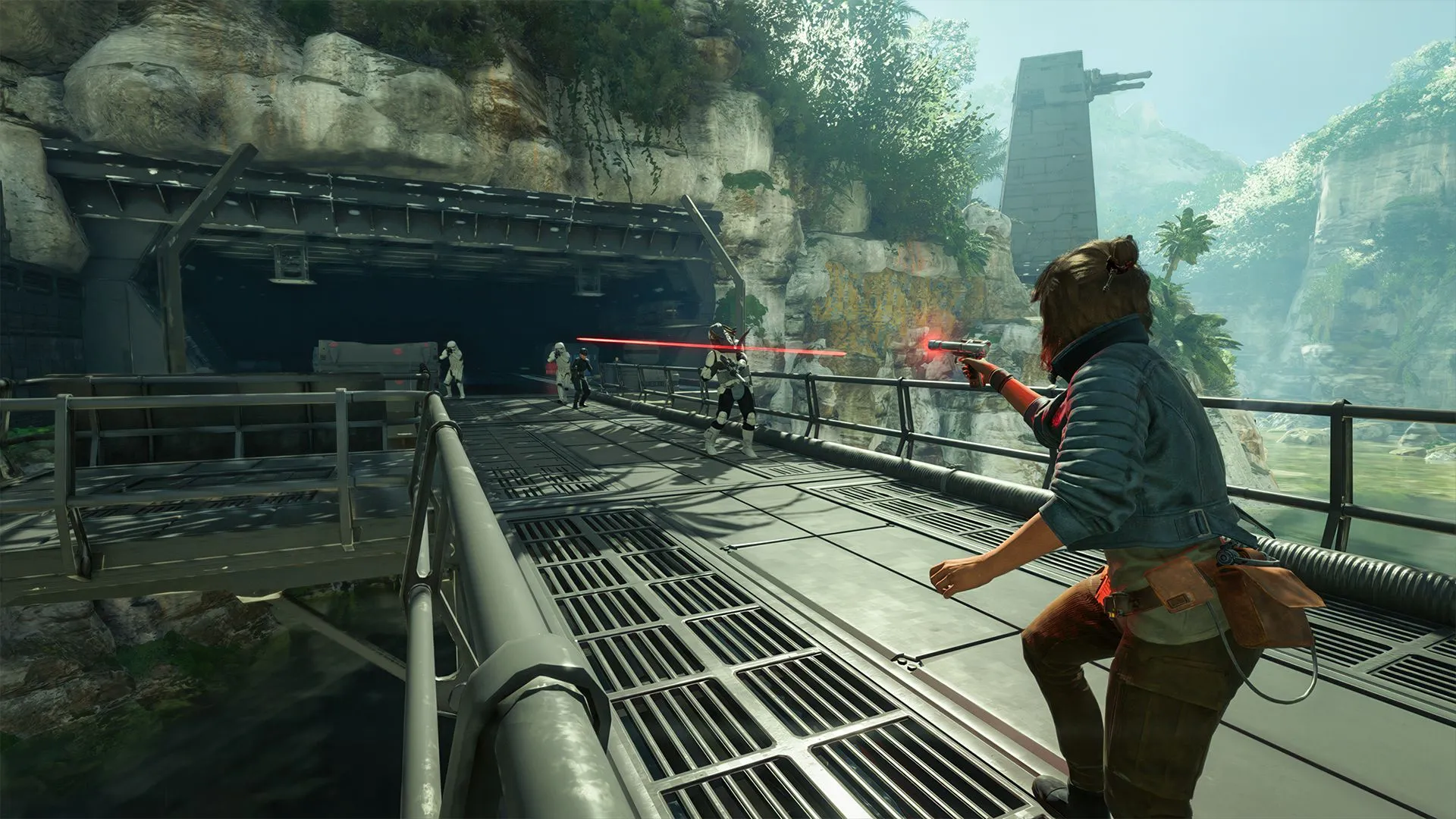Kay Vess cưỡi Speeder trong Star Wars Outlaws trên Nintendo Switch 2 với đồ họa có vấn đề