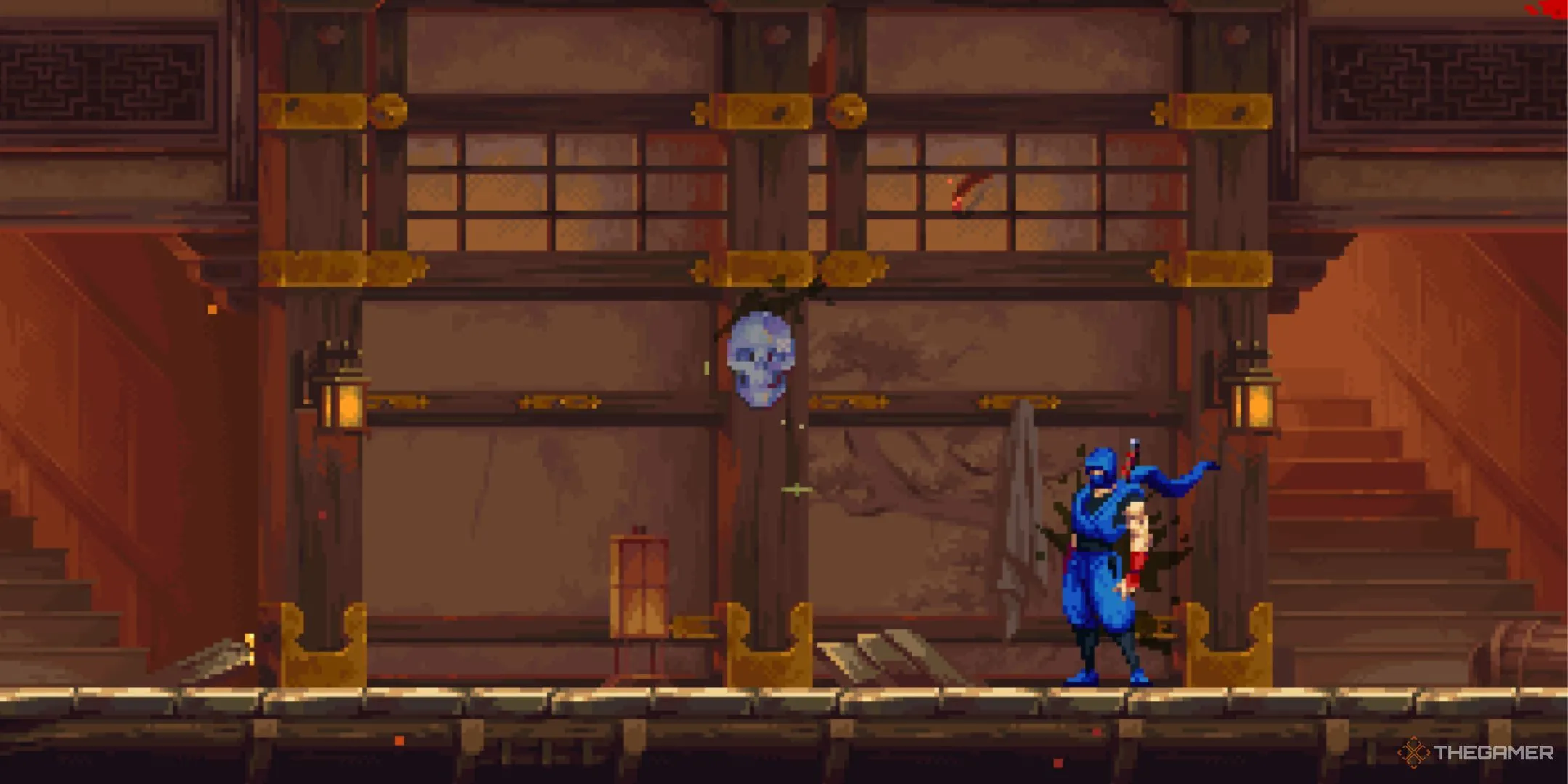 Kenji Ryo đối diện một Crystal Skull lấp lánh, sẵn sàng thu thập trong Ninja Gaiden Ragebound.