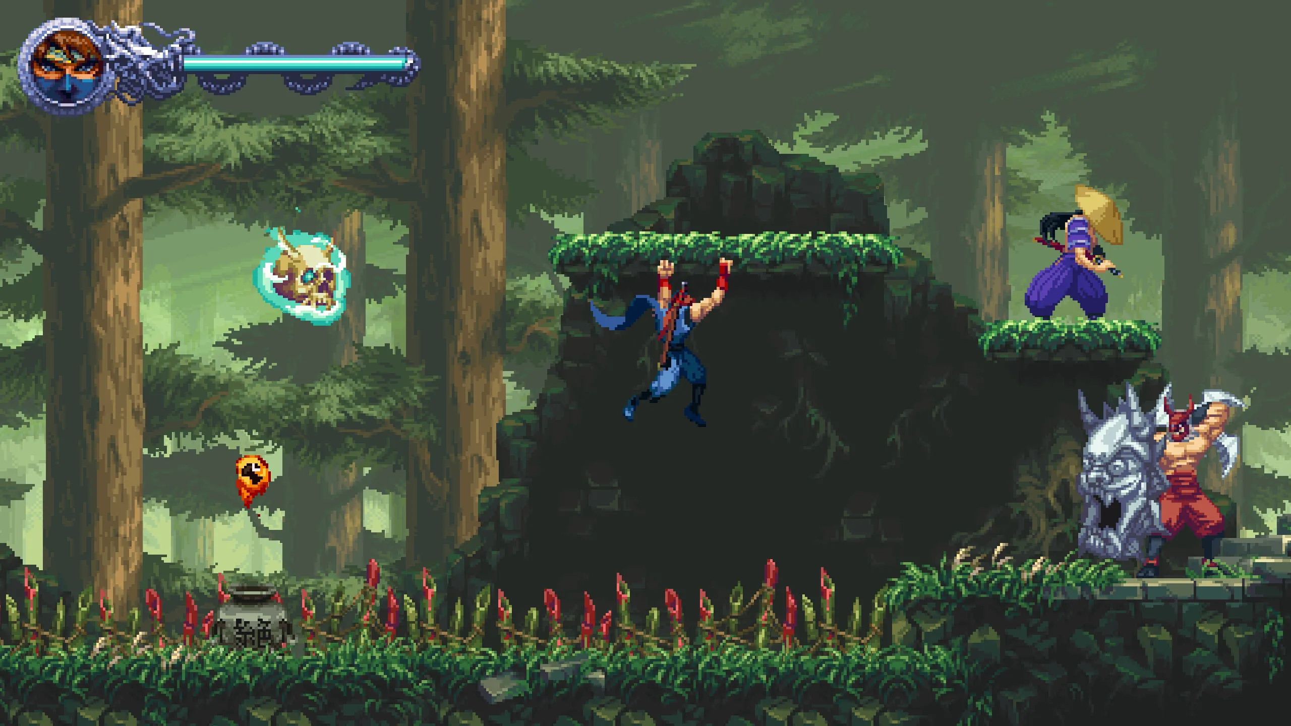 Kenji thực hiện những pha leo trèo linh hoạt trong bối cảnh rừng xanh tuyệt đẹp của Ninja Gaiden: Ragebound.
