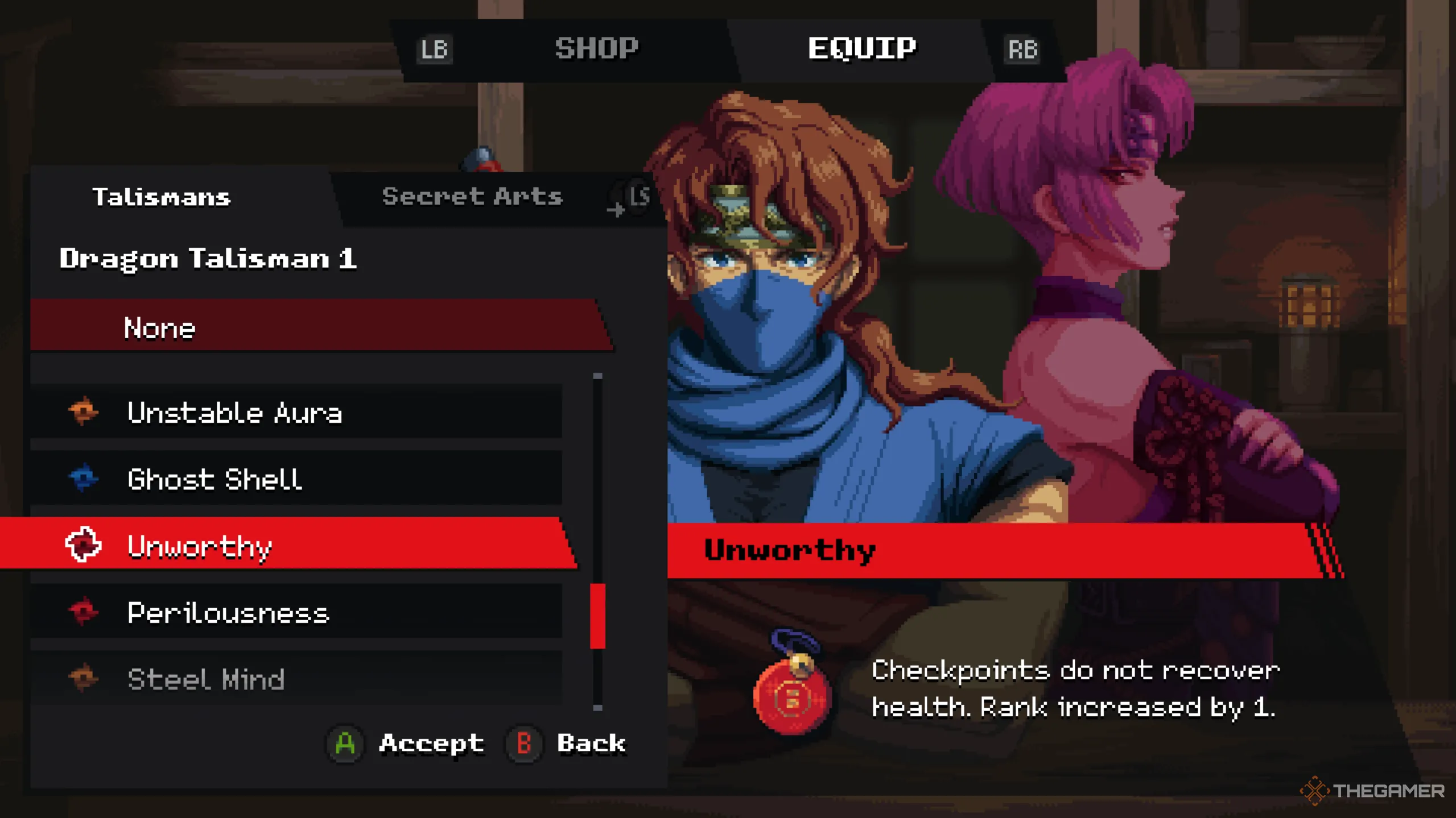 Kenji trang bị Unworthy Talisman trong Muramasa's Store, chiến thuật S-Rank Ragebound