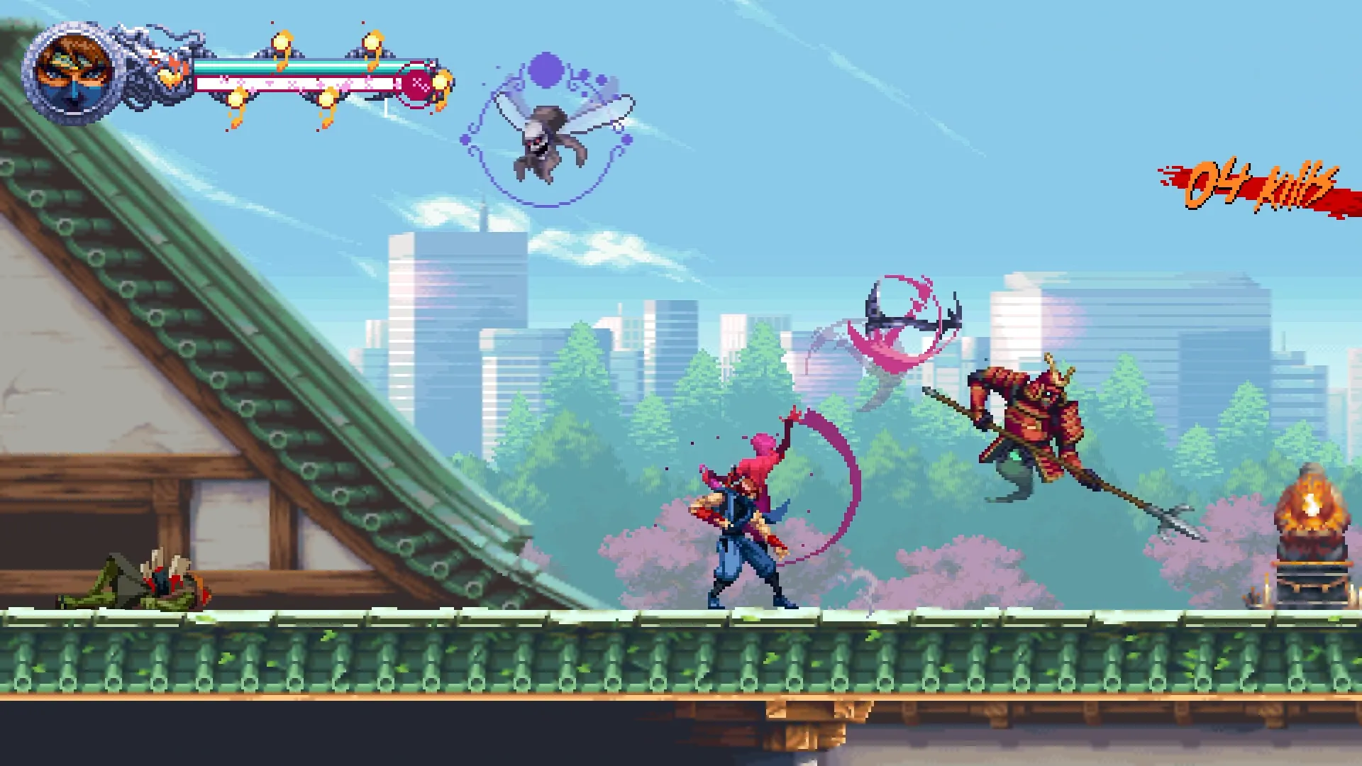 Kenji và Kumori phối hợp tấn công đối thủ trong một trận chiến nảy lửa tại Ninja Gaiden: Ragebound.