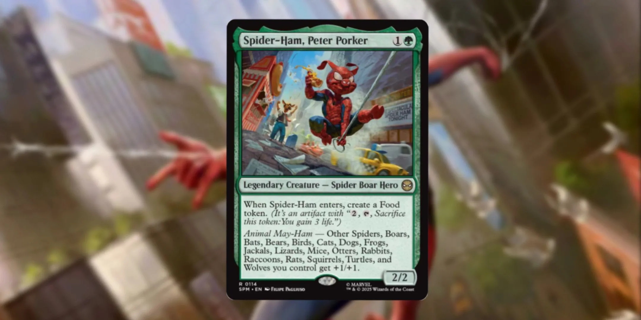 Lá bài Commander Spider-Ham Peter Porker trong Magic The Gathering với hiệu ứng buff quái vật