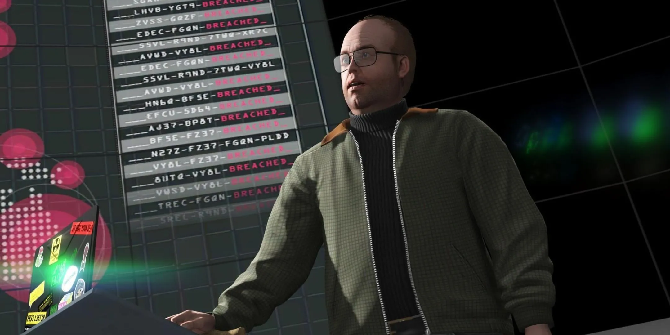 Lester Crest trong GTA Online bên màn hình lớn, biểu tượng cho thông tin rò rỉ về xác minh tuổi của Rockstar Games