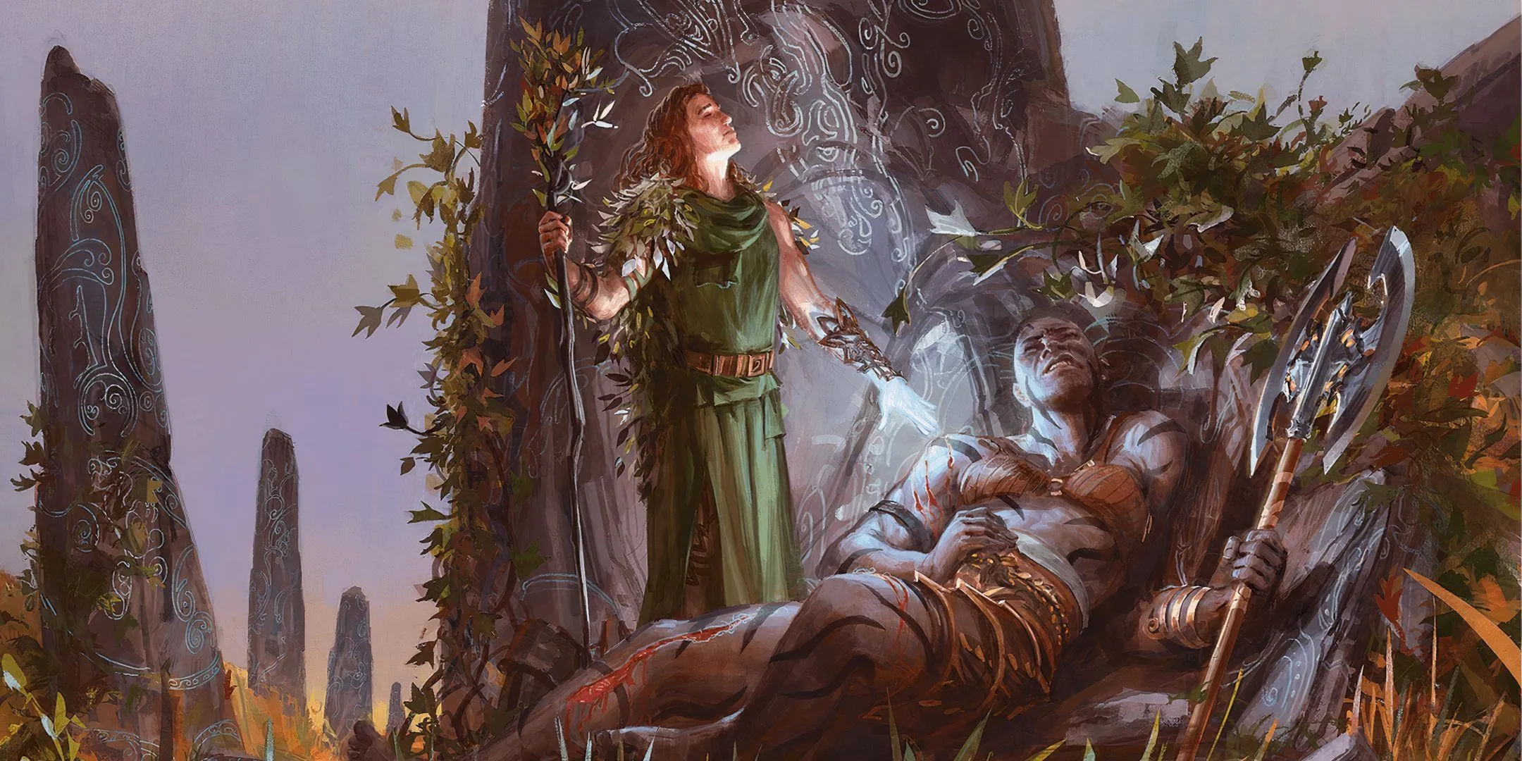 Một druid với áo choàng xanh đang niệm chú Lesser Restoration cho một chiến binh bị thương trong Dungeons &amp; Dragons.